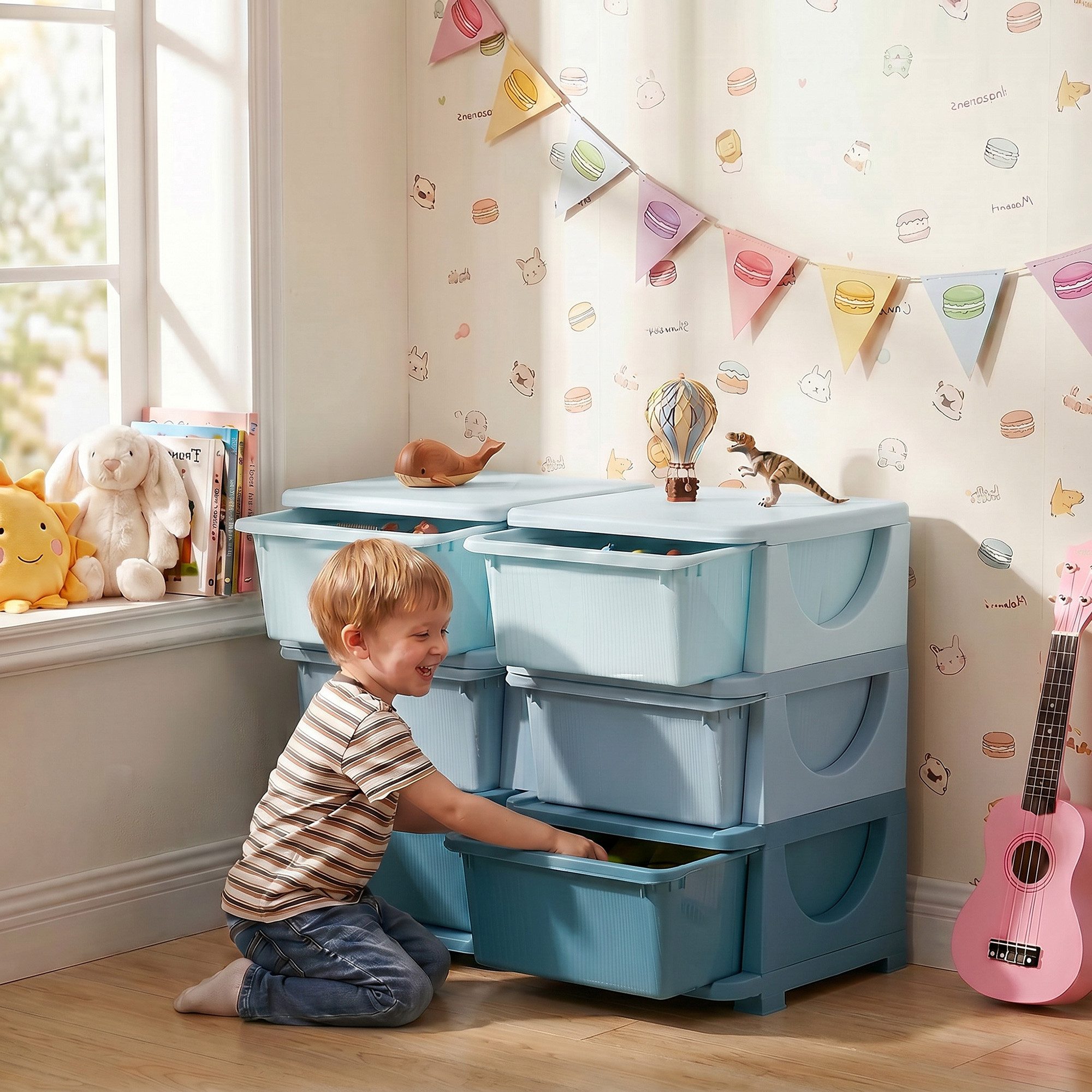 HOMCOM Spielzeugtruhe Schubladenschrank, Spielzeug-Organizer, sechs Ebenen, 3-6 Jahre (Spielzeugkiste, 1 St., Aufbewahrungsbox), für Kinderzimmer, Blau