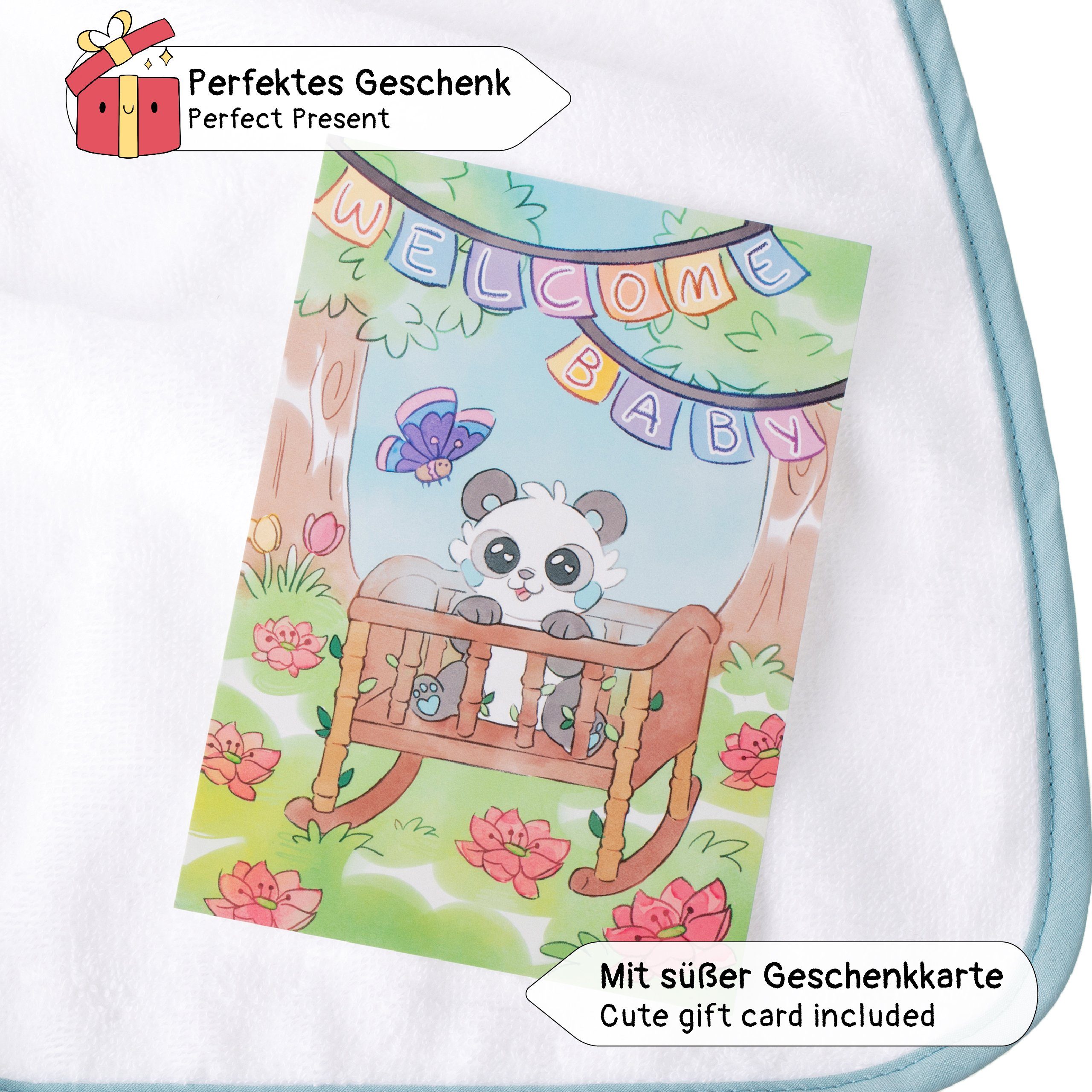 Corimori Badetuch Grußkarte, mit (1-St) Baumwolle Geschenk-Set, Baby Kapuzenbadetuch