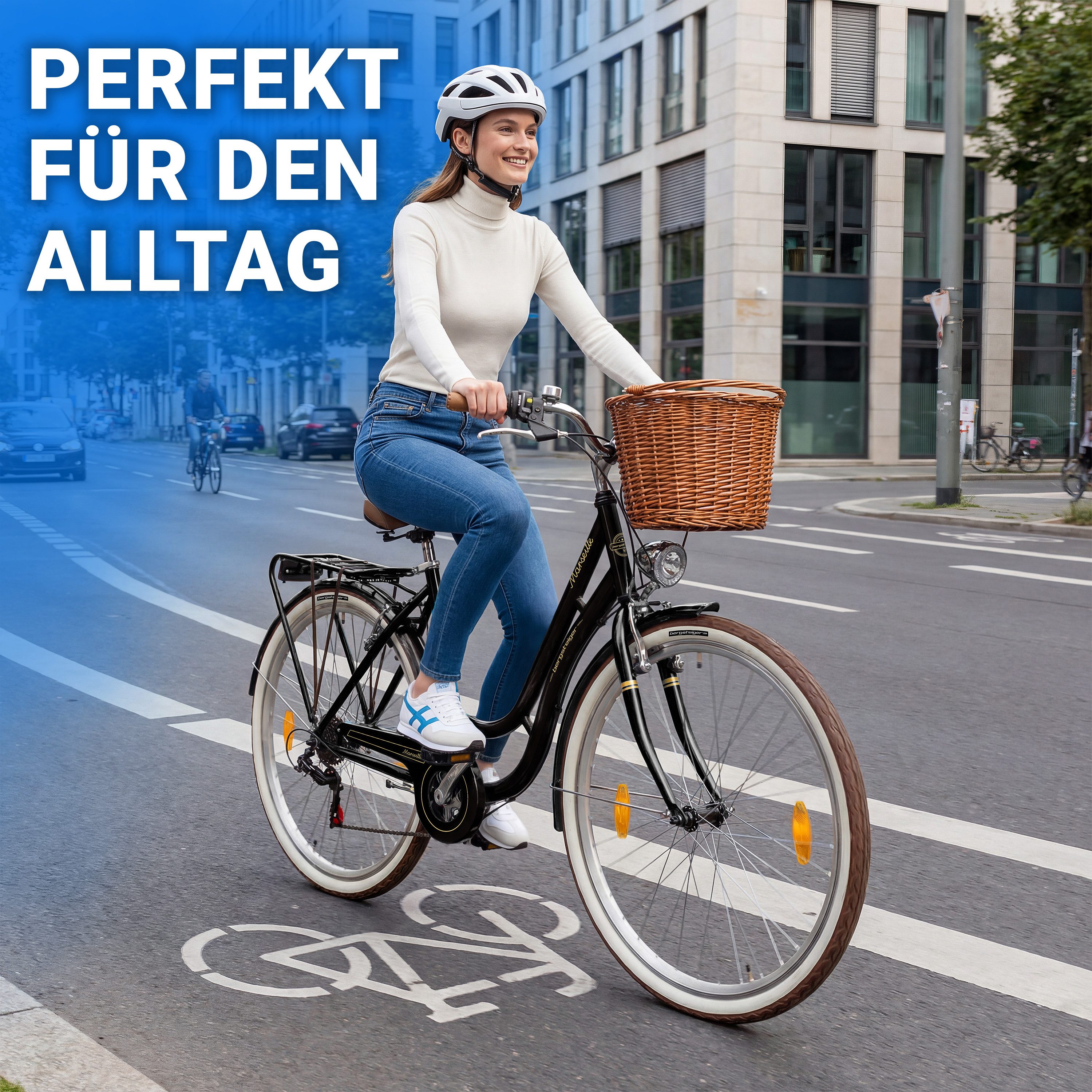 bergsteiger Cityrad Marseille 26 Zoll, 28 Zoll Damenfahrrad, ab 150 cm, Korb aus Rattan, 6 Gang, Kettenschaltung, V-Bremsen – Bild 4 von 5