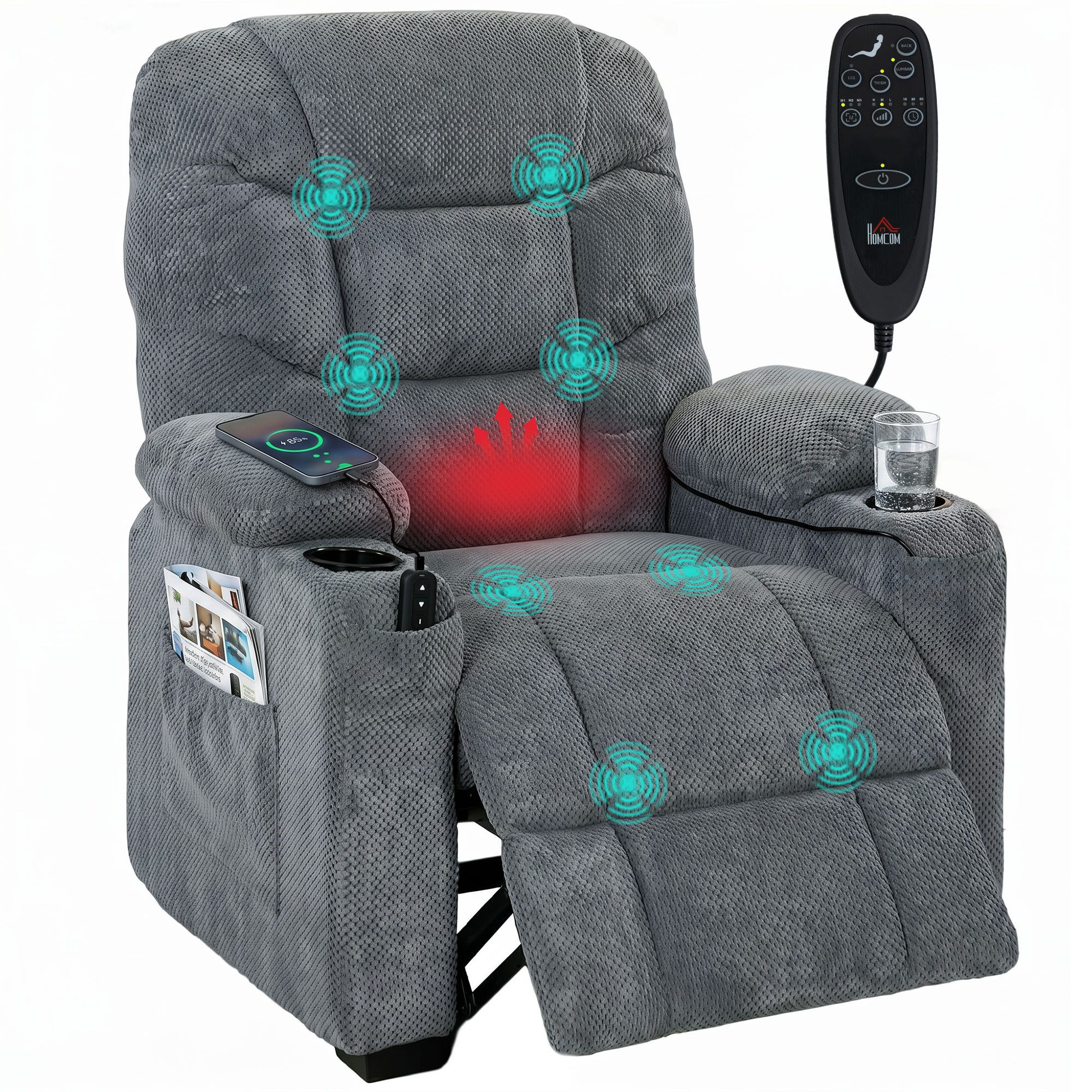 HOMCOM Massagesessel Relaxsessel Fernsehsessel mit Massage & Wärme (TV Sessel, 1-St., 1), mit Fernbedienung, USB-Anschluss, Becherhalter – Bild 2 von 5