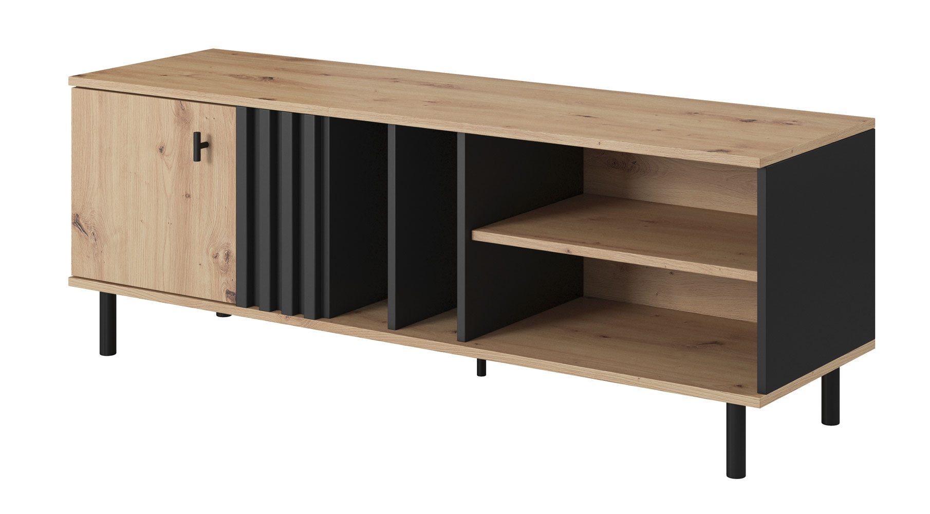 Feldmann-Wohnen Lowboard Madis (1 Drehtür, 4 Fächer, 1 Offene Ablagefläche, 1 St., Absetzungen in Lamellen-Optik, modern, schlicht & elegant), 138x40x49cm Sand Grange Eiche anthrazit