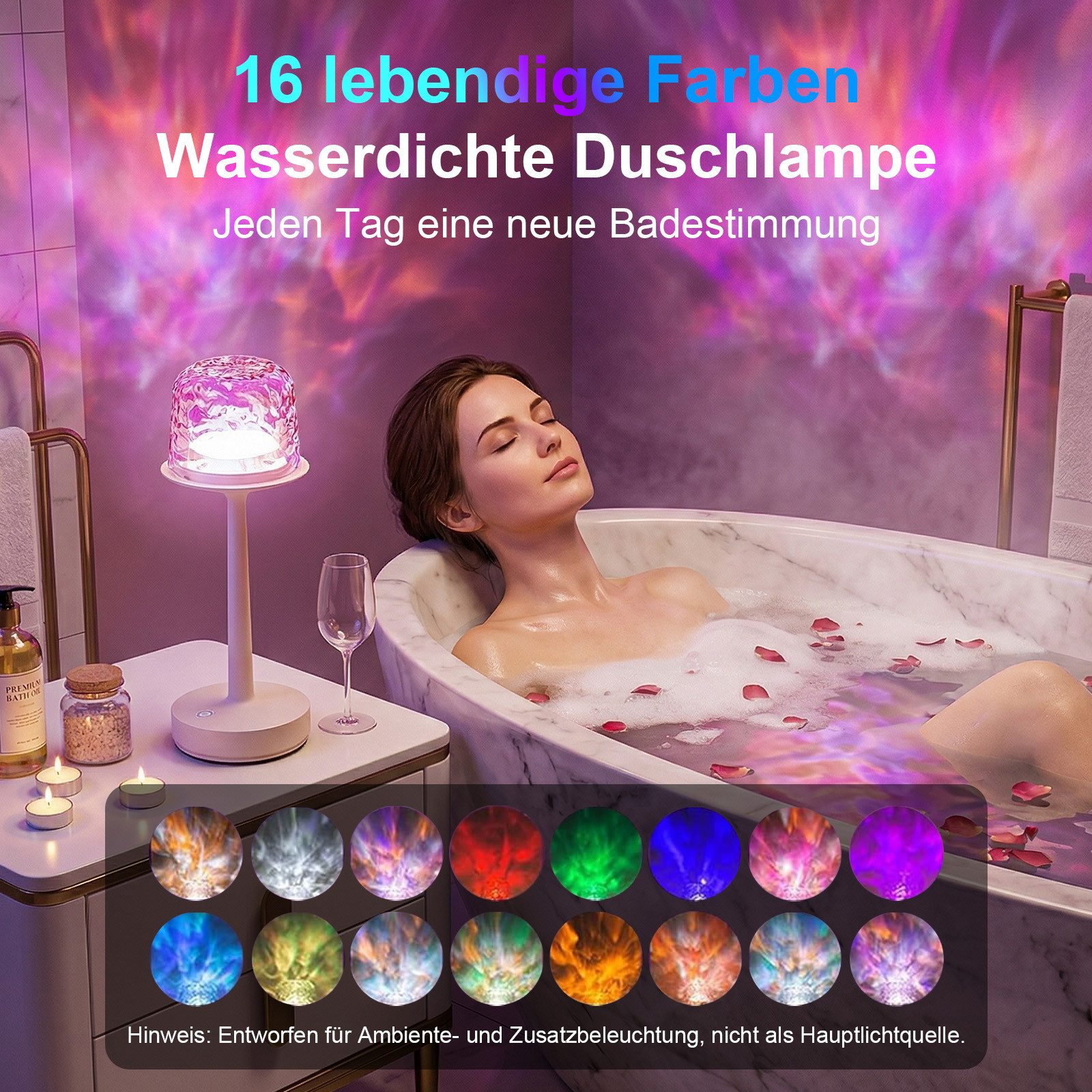 Lapalife Nachttischlampe Wasserdicht Shower Lampe Badezimmer Lichtprojektor Dimmbar, mit 16 Farben Nordlicht, Akku Wiederaufladbar LED Tischlampe Nachttischlampe mit Fernbedienung