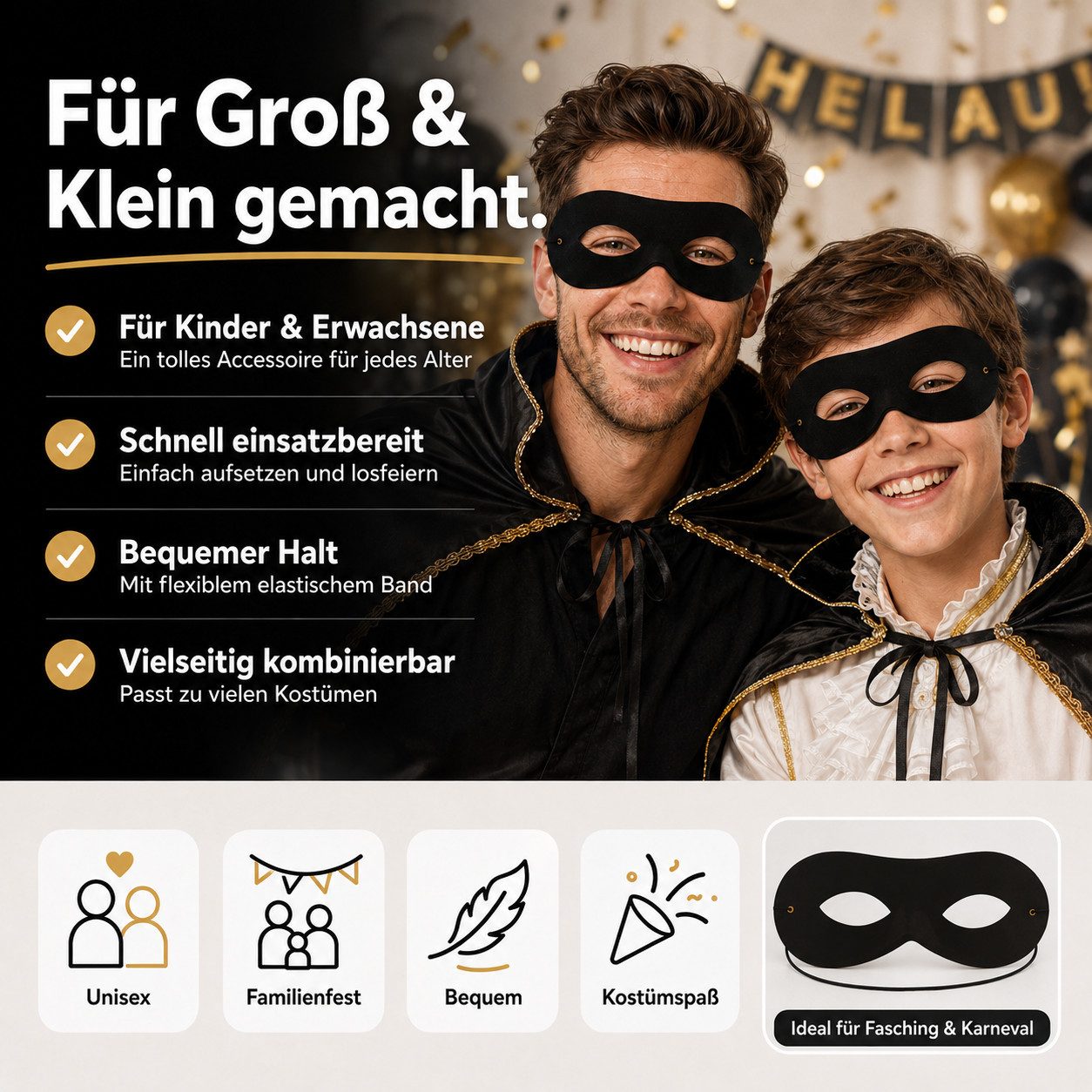 Kostümheld® Verkleidungsmaske 1x Bandit Augenmaske - Zorro, Einbrecher Maske Fasching & Karneval, (Packung)