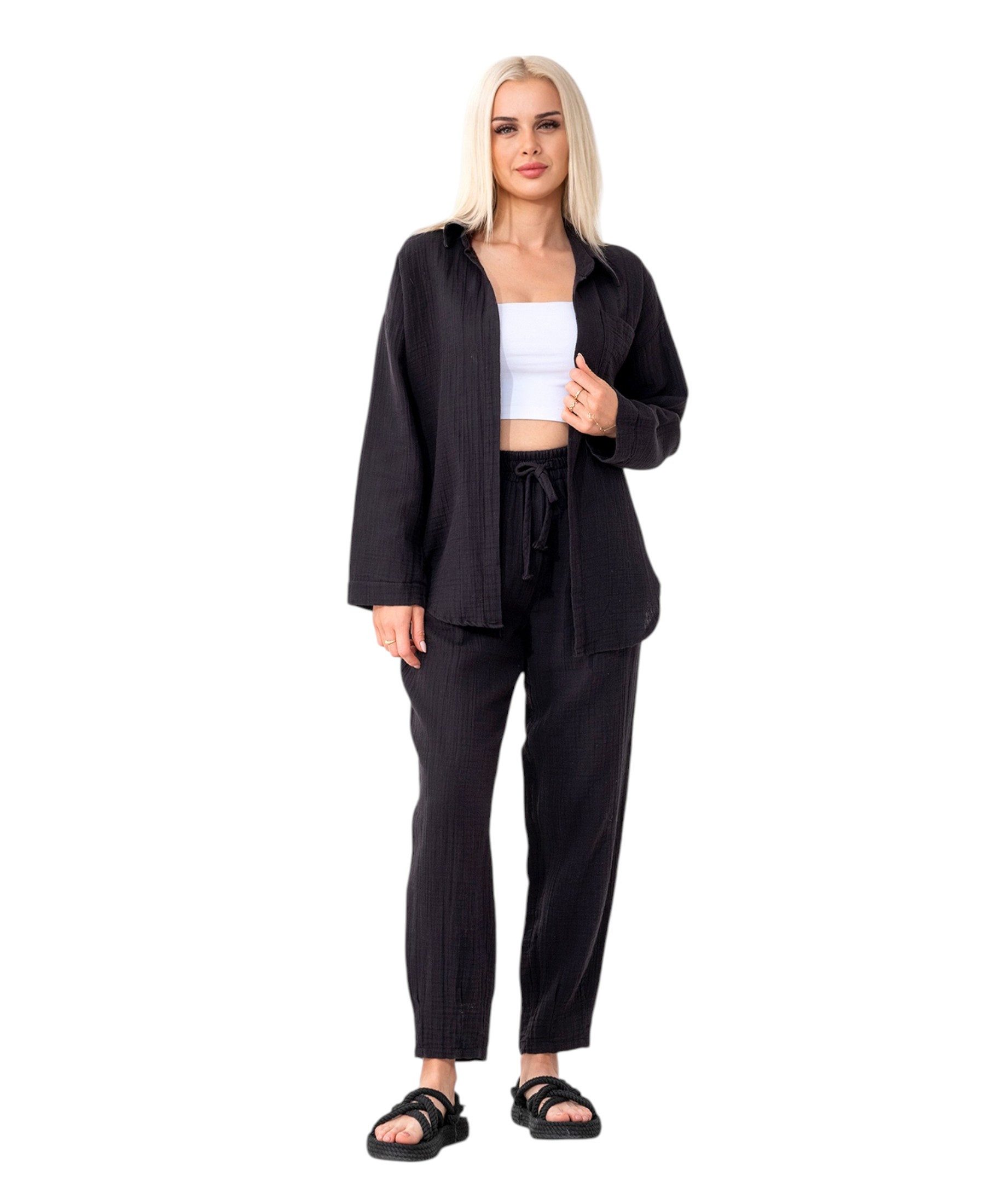 WENOR Hemdbluse Damen Musselin Oversize Bluse Langarm – Einheitsgröße 34-40
