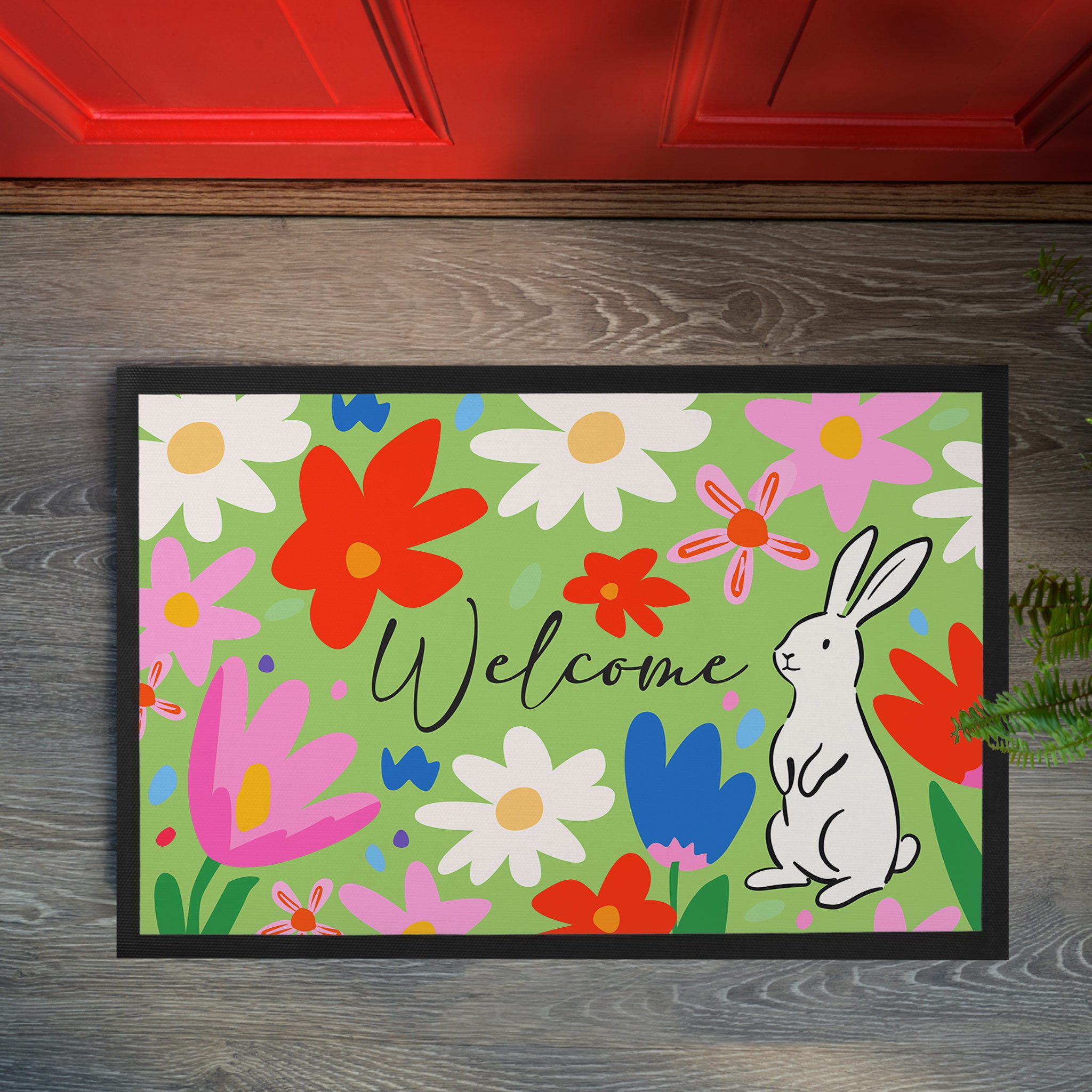 Herz & Heim Fußmatte zu Frühling & Ostern - Bunte Türmatte mit Blumen & Hase als Dekoration, Rechteckig, rutschfeste Unterseite, 2 Größen zur Auswahl