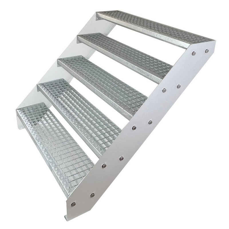 Kaminbau Mierzwa Außentreppe Premium Treppe Weiß Höhe Verstellbar, für Geschosshöhen bis 95 cm, Stufen Gitterroststufen nach DIN 24531, (Höhe 95 cm, Breite wählbar aus 60, 80, 100, 120, 140 cm), Gartentreppe Stahltreppe Wetterfest Rostfrei Feuer-Verzinkt Rutschfest