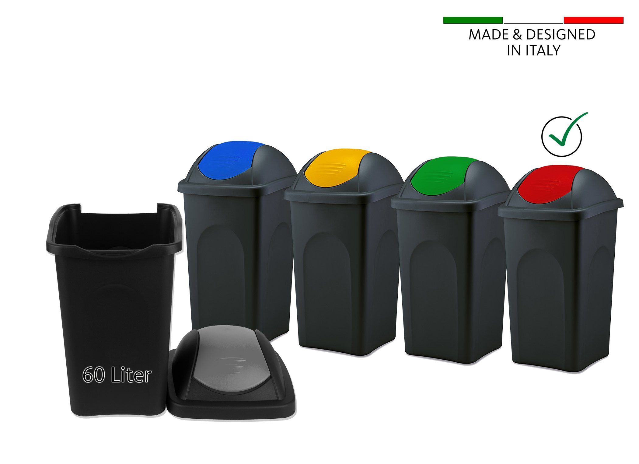 BigDean Mülleimer 60 L XL schwarz Rot Schwingdeckel Müllsammler Abfalleimer Mülltonne, XL Mülleimer, Schwingdeckel, 60L, Dezente Optik