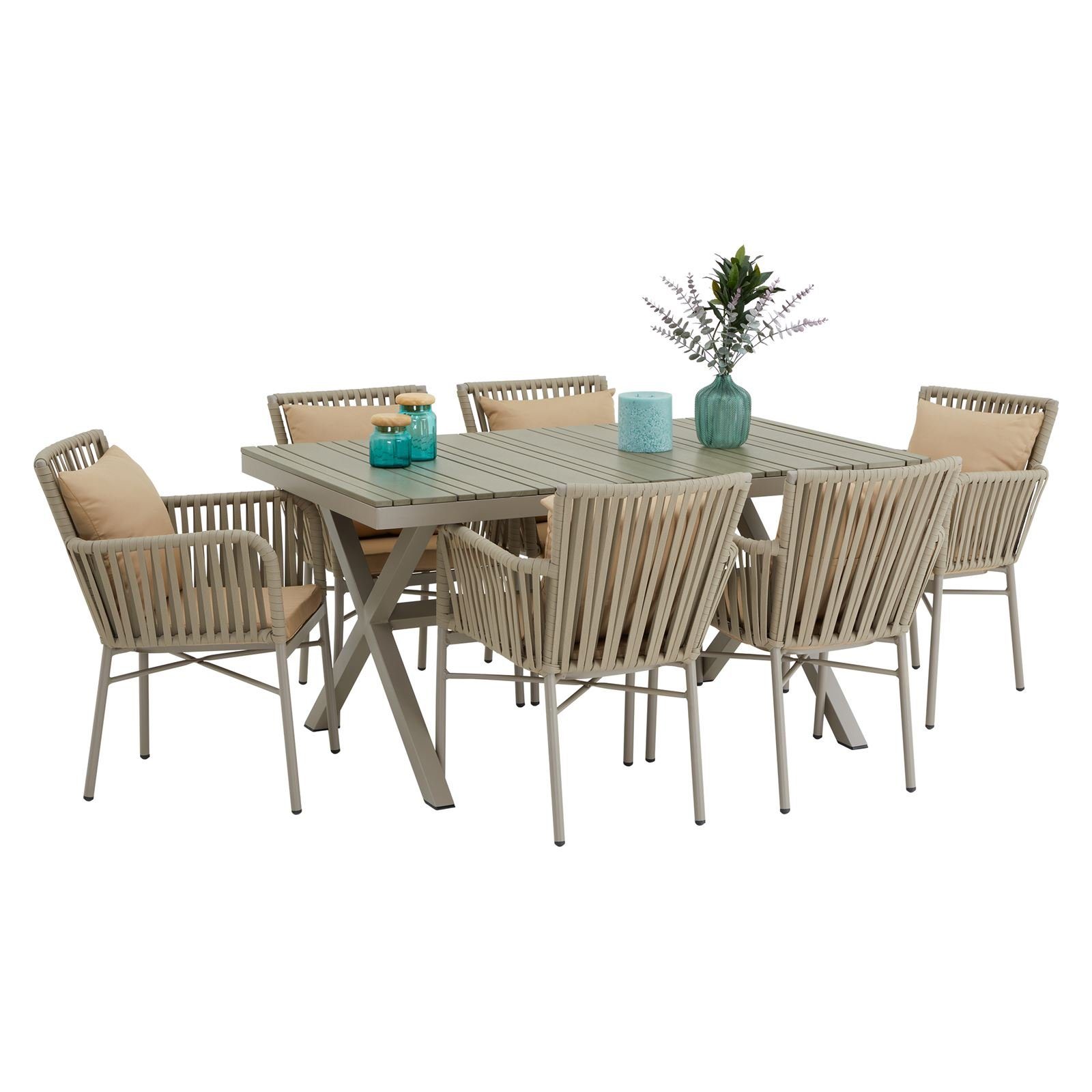 CARO-Möbel Gartenlounge-Set AFUERA, Esstisch-Set aus Alu in champagner  Gartentisch mit 6 Stühlen mit Rope