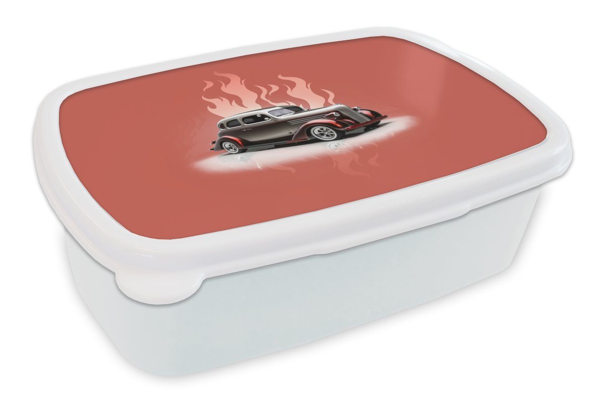MuchoWow Lunchbox Auto - Rosa - Vintage - Flammen, Kunststoff, (2-tlg), Brotbox für Kinder und Erwachsene, Brotdose, für Jungs und Mädchen weiß