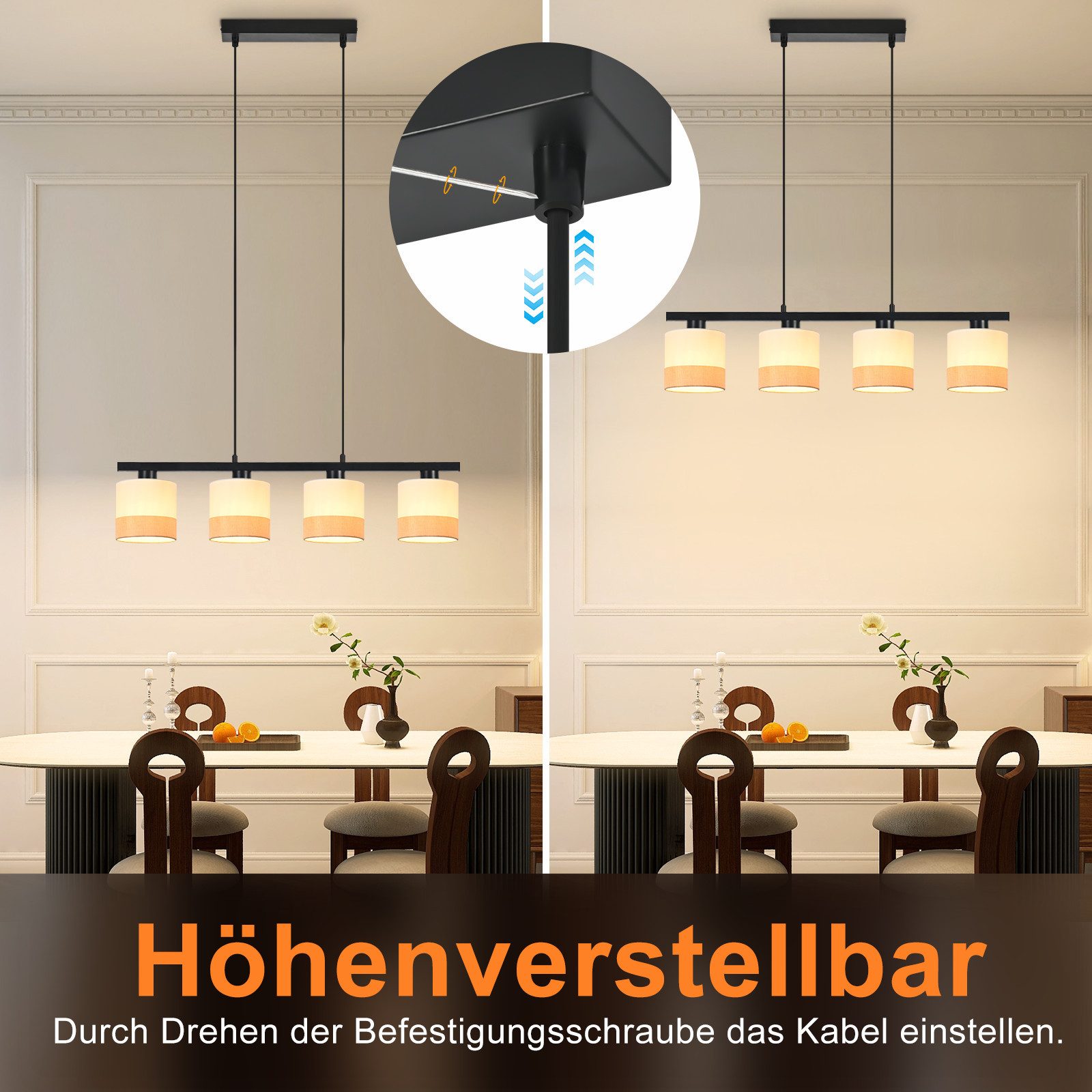 ZMH Pendelleuchte Esstisch 1/3/4 flammig E27 Retro Stoff Esszimmerlampe, ohne Leuchtmittel, 120cm Höhenverstellbare Hängeleuchte für Küche Wohnzimmer