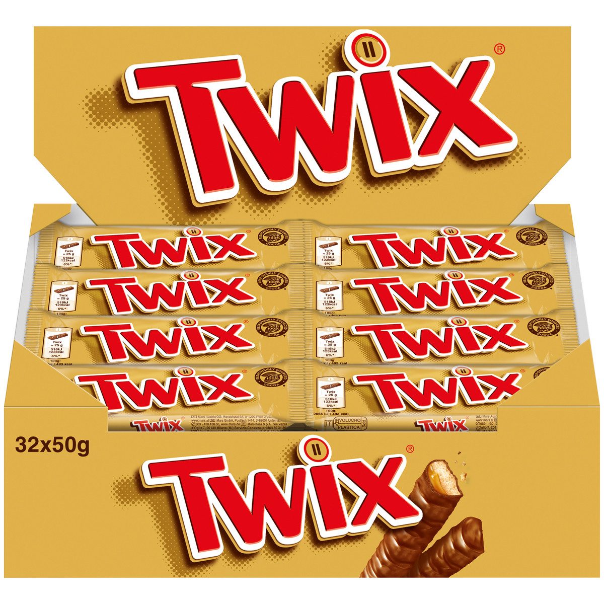 Twix Schokolade, Twix Knusperkekse mit Karamell aus Milchschokolade 50g 32er Pack