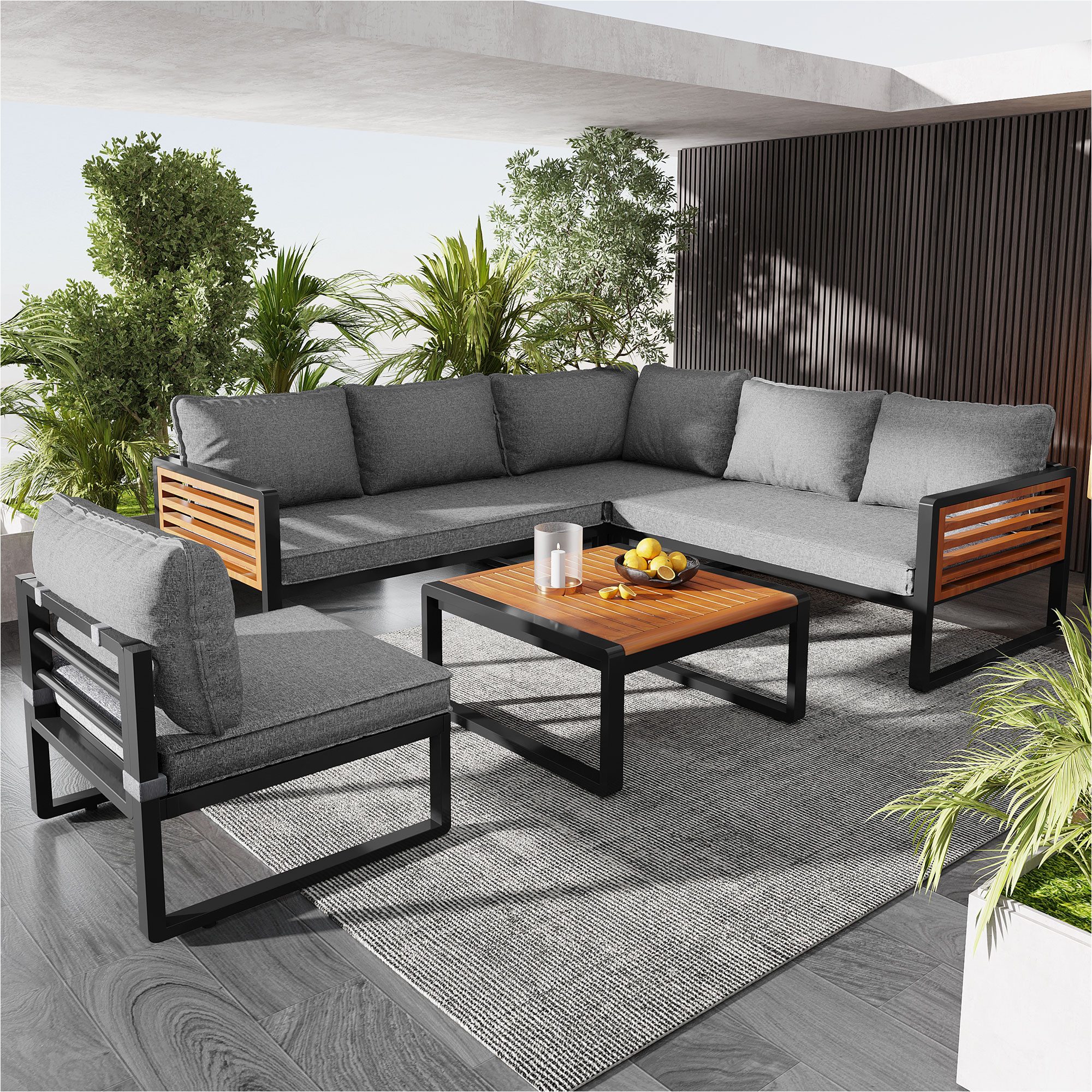 EXTSUD Gartenlounge-Set Gartenlounge-Set 5-6 Personen – Modernes Outdoor-Sofa mit Holztisch, (Loungemöbel, Gartenmöbel-Set, Garten & Terrasse), Balkonset mit verzinktem Eisenrahmen,dekorative Armlehnen aus Holz