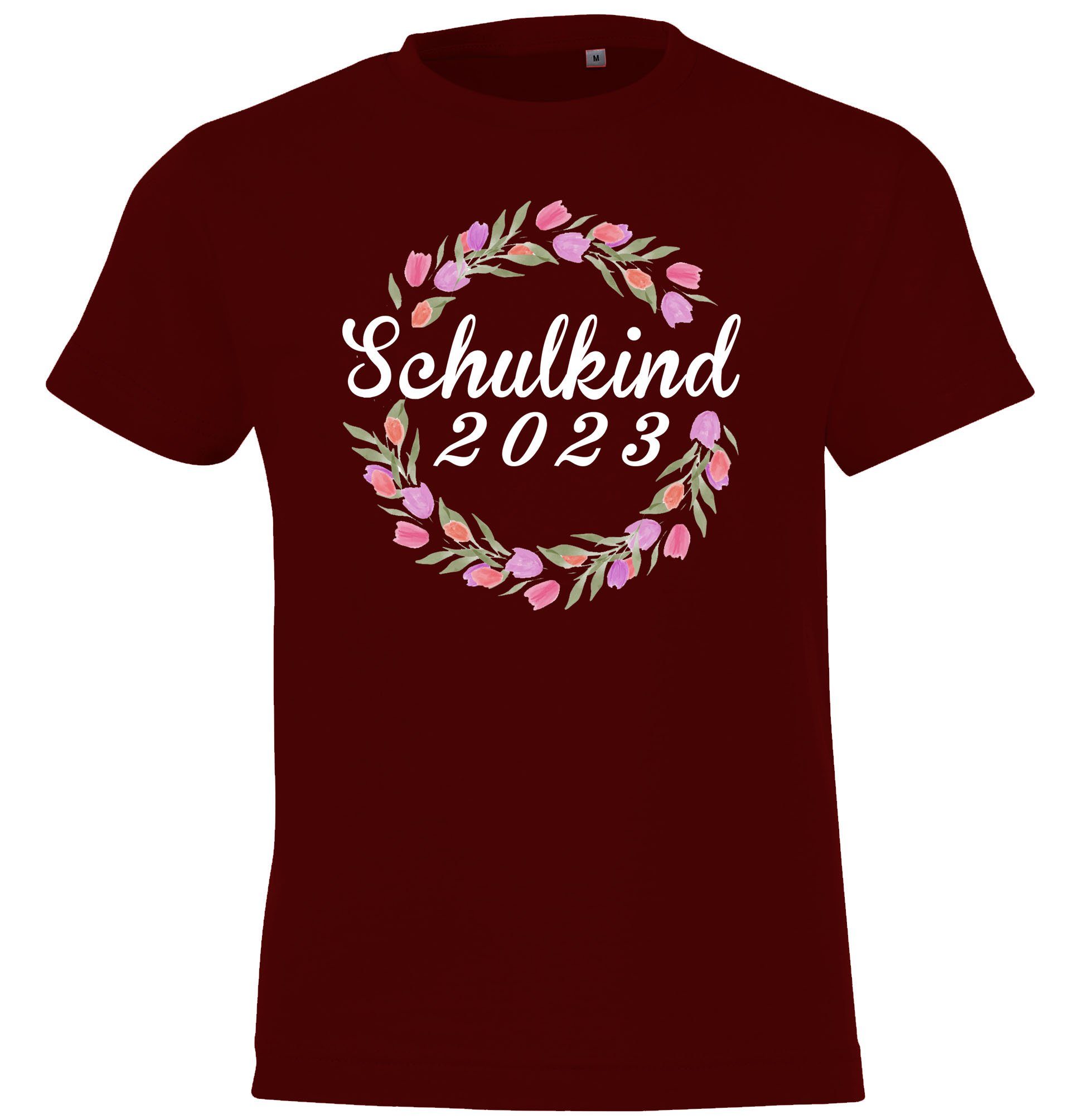 Youth Designz T-Shirt Schulkind 2023 Kinder Shirt mit lustigem Blumenkranz Frontaufdruck Burgund