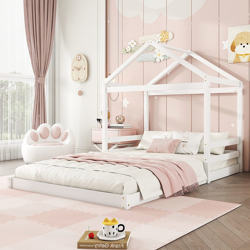 Sweiko Kinderbett Jugendbett Doppelbett 140 x 200 cm (Hausbett mit Lattenrost ohne Matratze Kiefernholz), Weiß