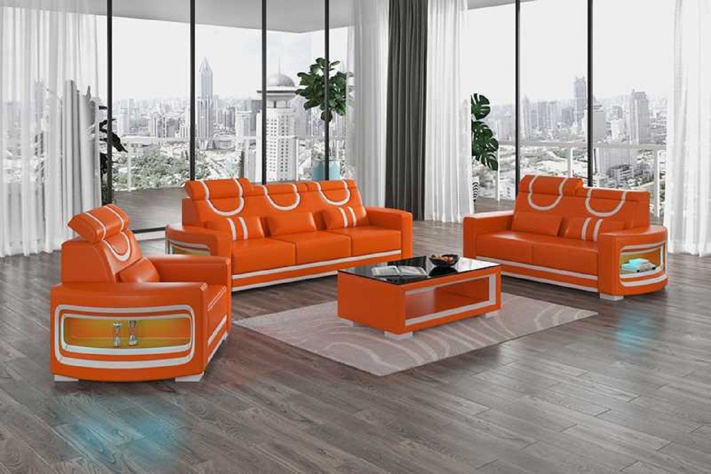 JVmoebel Wohnzimmer-Set Sitzer Europe Made Sofagarnitur 2+3 Orange + Sessel), Sofa (3-St., Nur Kunstleder Luxus Sofa 321, Komplette in Couchgarnitur