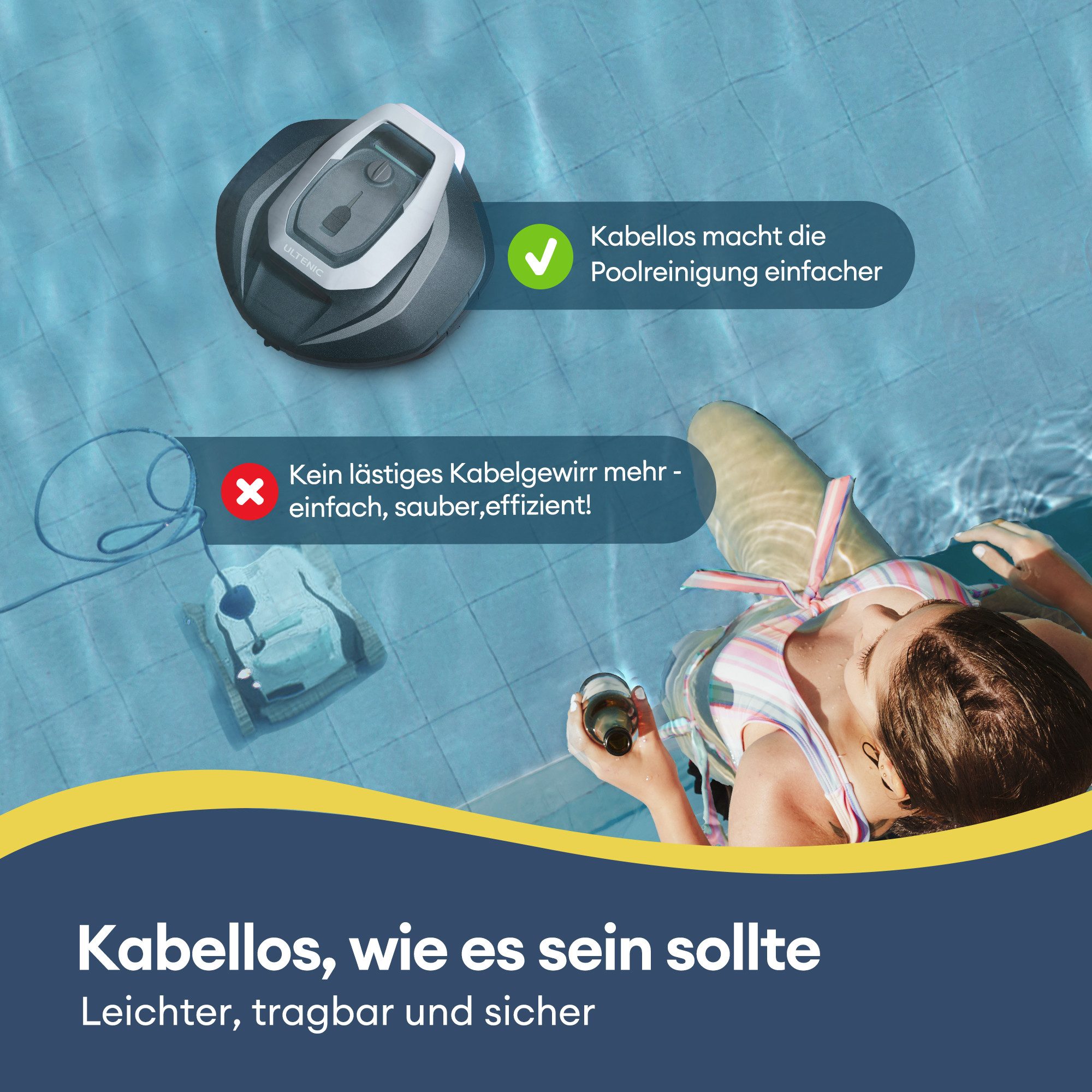 Ultenic Poolroboter Ultenic Pooleco Kabellos 3 x Motoren, 90 Min.,Fernbedienung & App, Intelligente Selbstparkung, IPX8 Wasserschutz, Vielseitige Reinigung – Bild 3 von 5