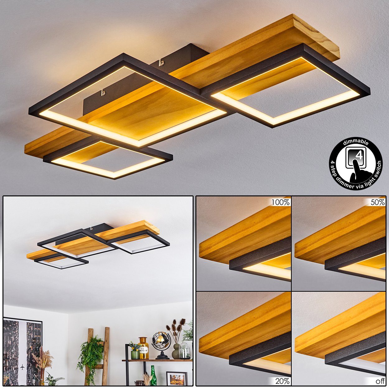 Lichtschalter Metall/Holz/Kunststoff, 4000 herkömmlichen Schwarz/Natur, Kelvin, »Palermo« über dimmbar, LED, hofstein Lumen dimmbare Deckenleuchte 3000 Deckenlampe,