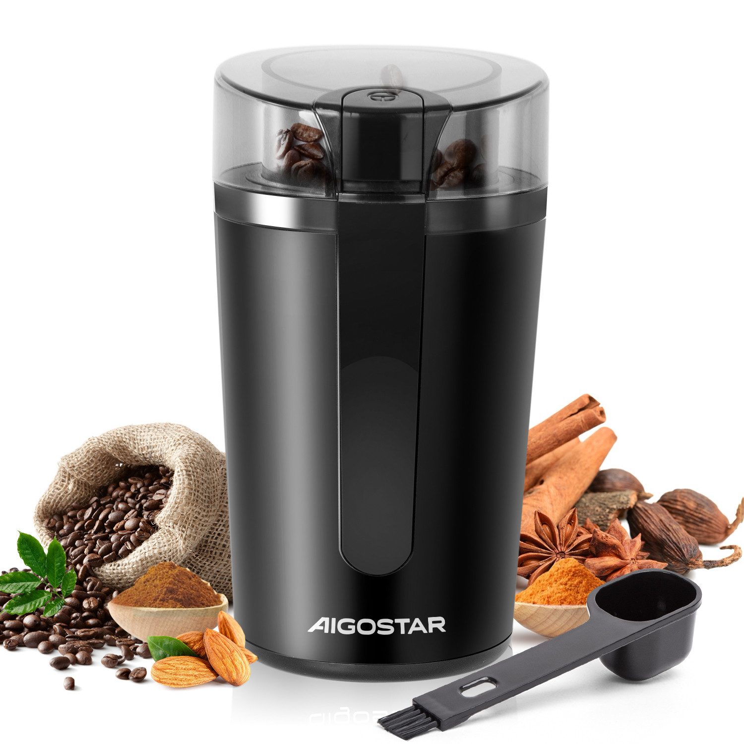 Aigostar Kaffeemühle Elektrische Kaffeemühle Mahlgrad Einstellbar BPA Frei Caffe Grinder, 200 W, Edelstahl Schlagmesser, 60 g Bohnenbehälter, Edelstahl Schlagmesser, Edelstahl, Verstellbar, mit Reinigungs-Pinsel