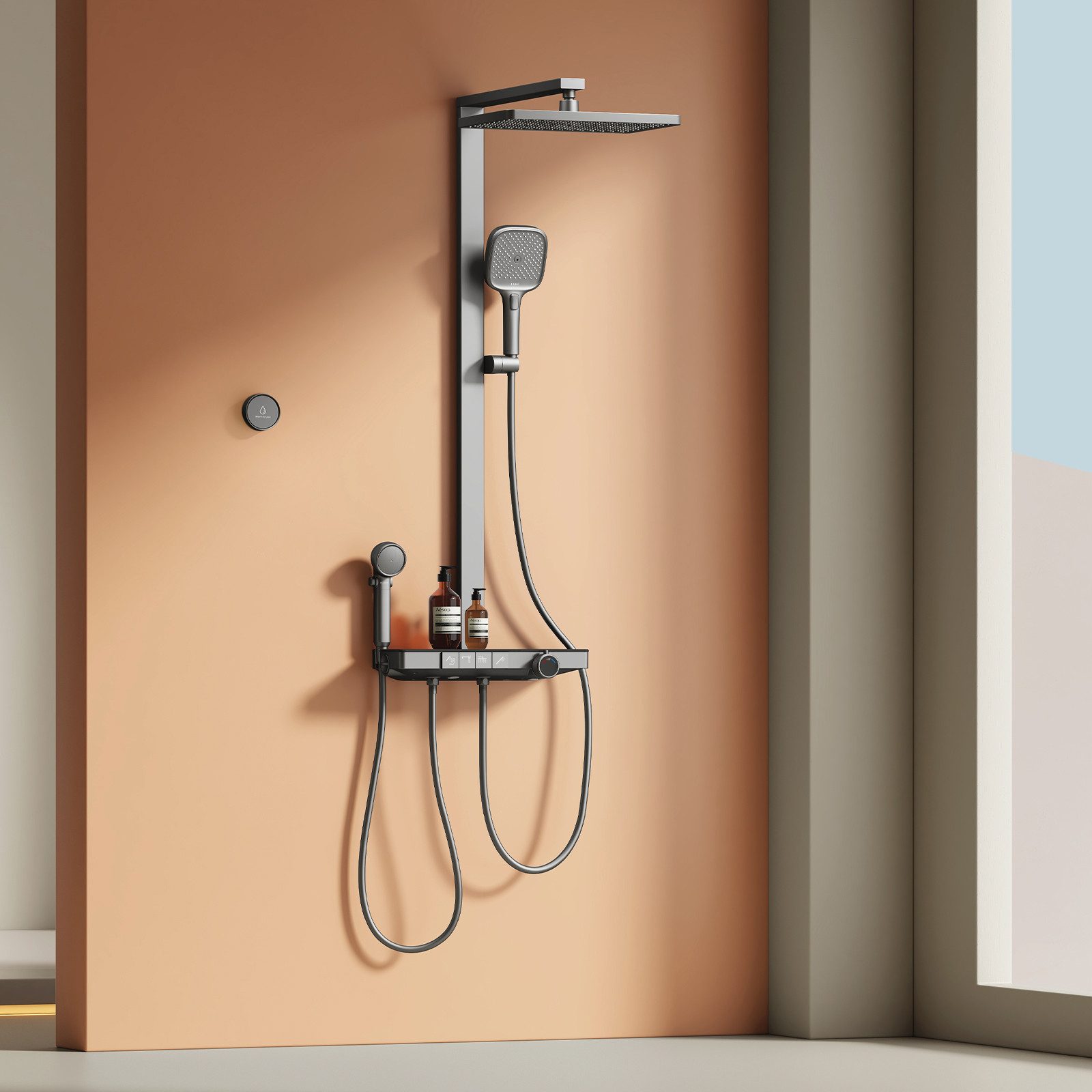 EMKE Duschsystem Duschsäule mit Thermostat und Bluetooth-Steuerung, modernes Design, Höhe 113 cm, 4 Strahlart(en), Regendusche,Kinderdusche,Bluetooth,Anthrazit Matt