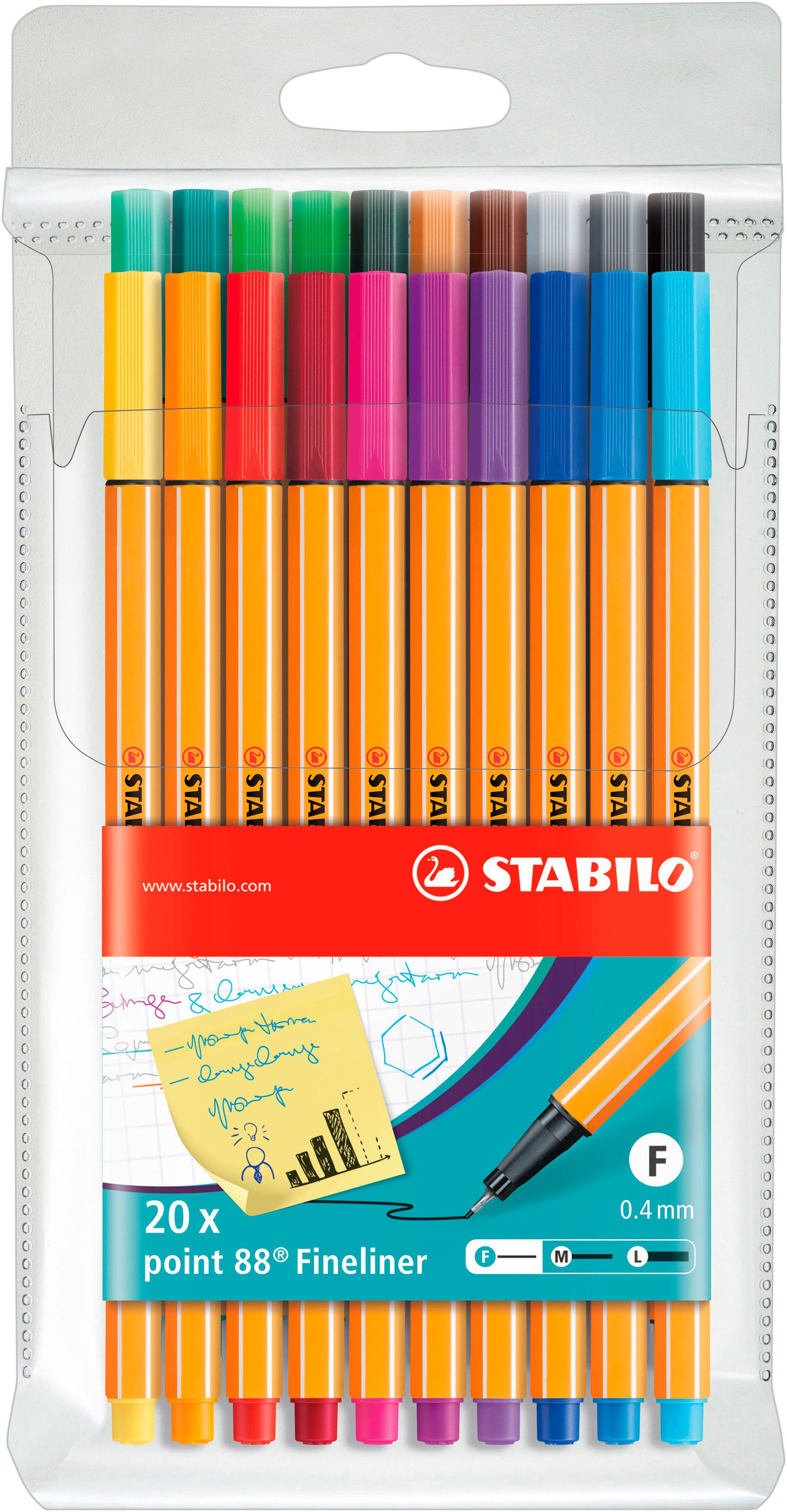 STABILO Ручки STABILO point 88 - 20er Pack - mit 20 verschiedenen Farben, Made in Germany