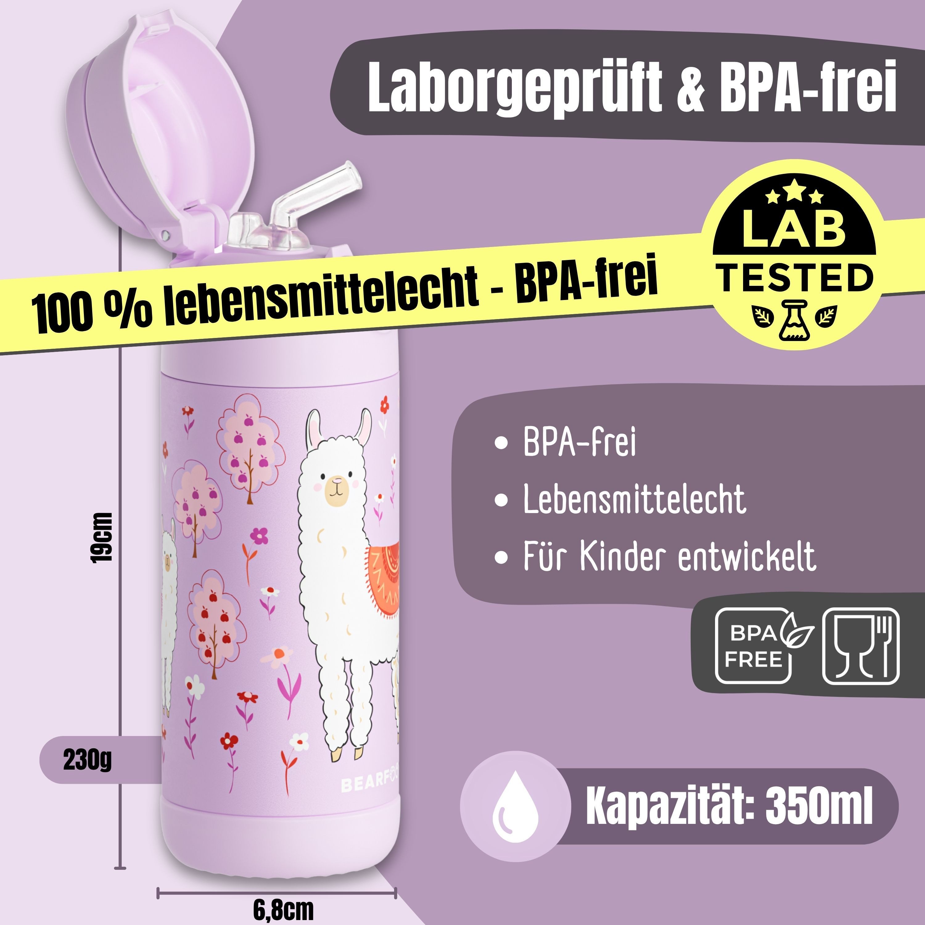 BEARFOOT Trinkflasche Thermo Kinder Trinkflasche Edelstahl - Lama lila, Thermosflasche, auslaufsicher, Edelstahl, Kinderflasche, BPA-frei – Bild 5 von 5