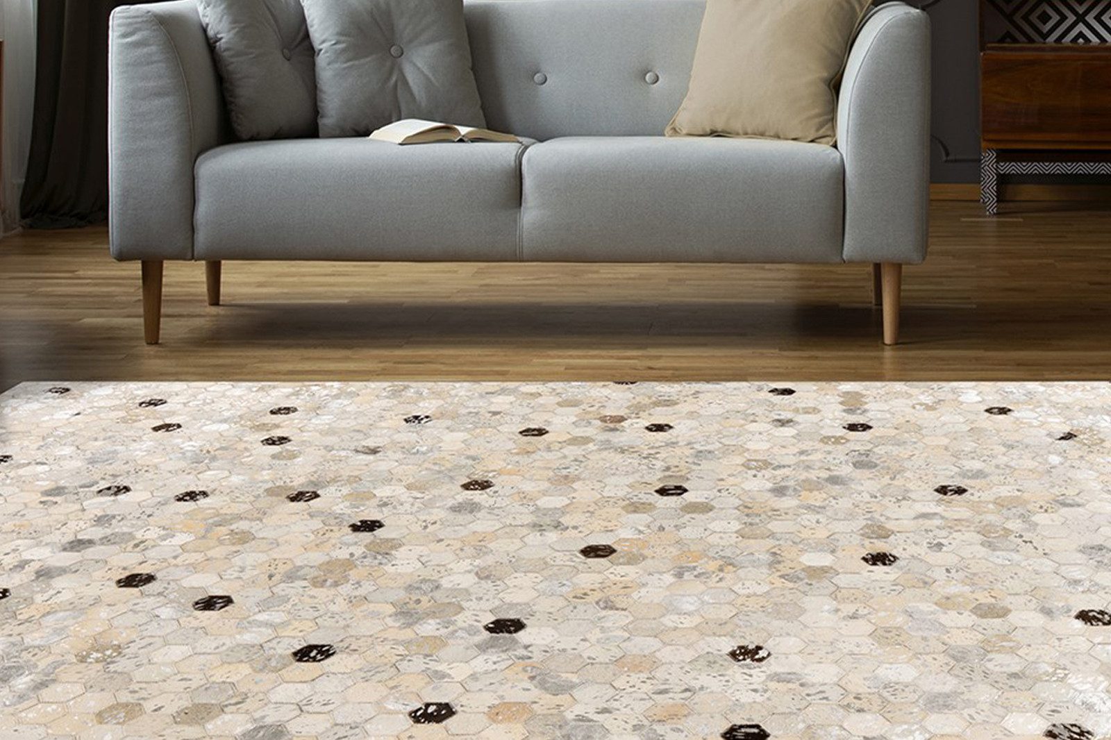 Kayoom Lederteppich Ravi 400 - Fellteppich, rechteckig, Höhe: 8 mm, metallische Effekte, Patchwork Dessin, Rindsfell mit Wollrücken