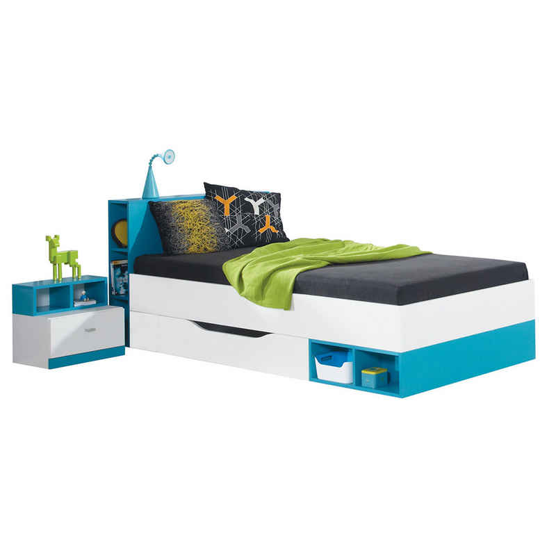 Lomadox Kinderbett MIJAS-133, Bett 90x200 cm mit Nachtschrank modern weiß mit türkis
