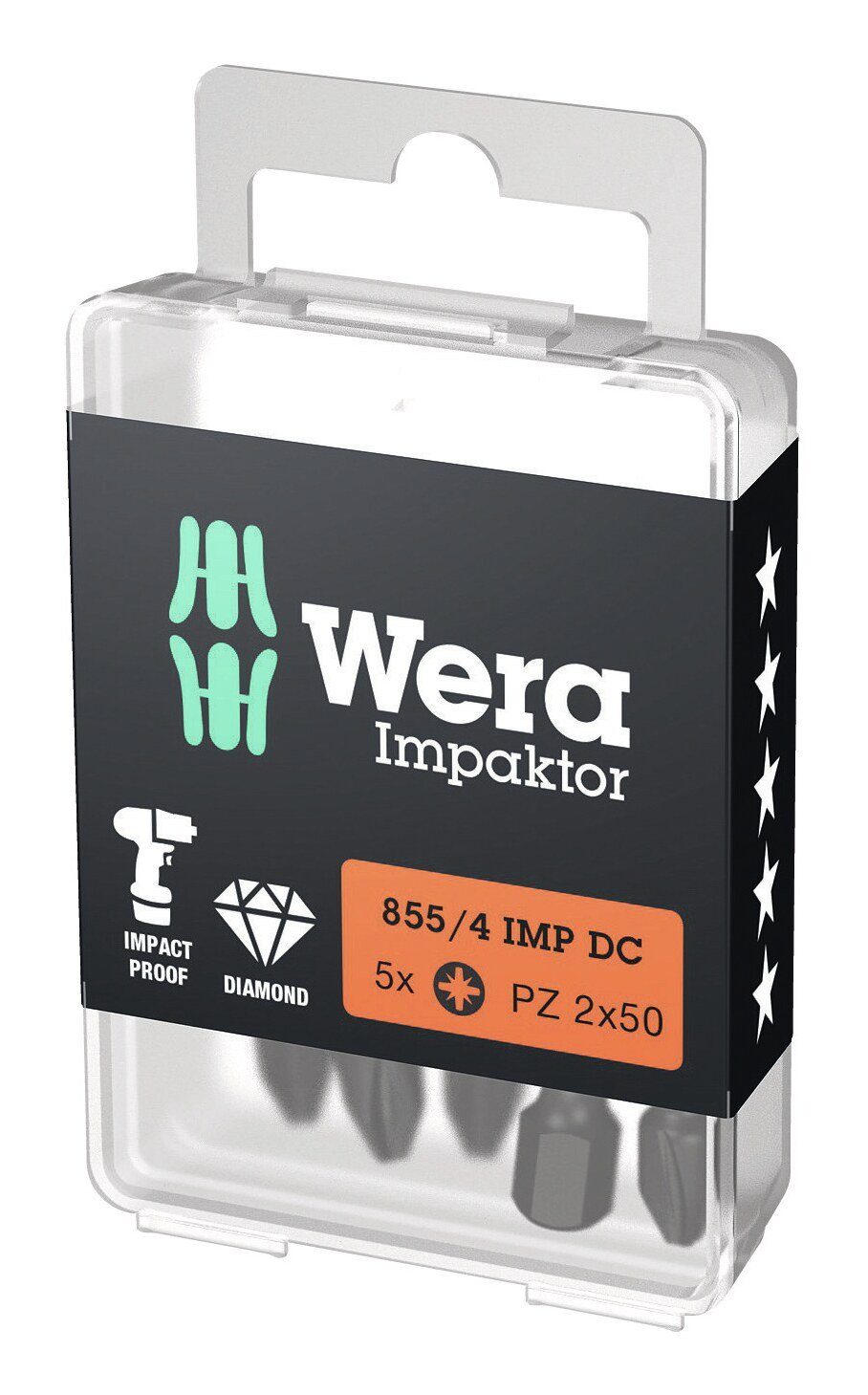 1/4" Pack Wera Bit-Set, mm E6,3 x Bit-Sortiment Impaktor PZ2 Bit-Box 50 5er DIN 3126