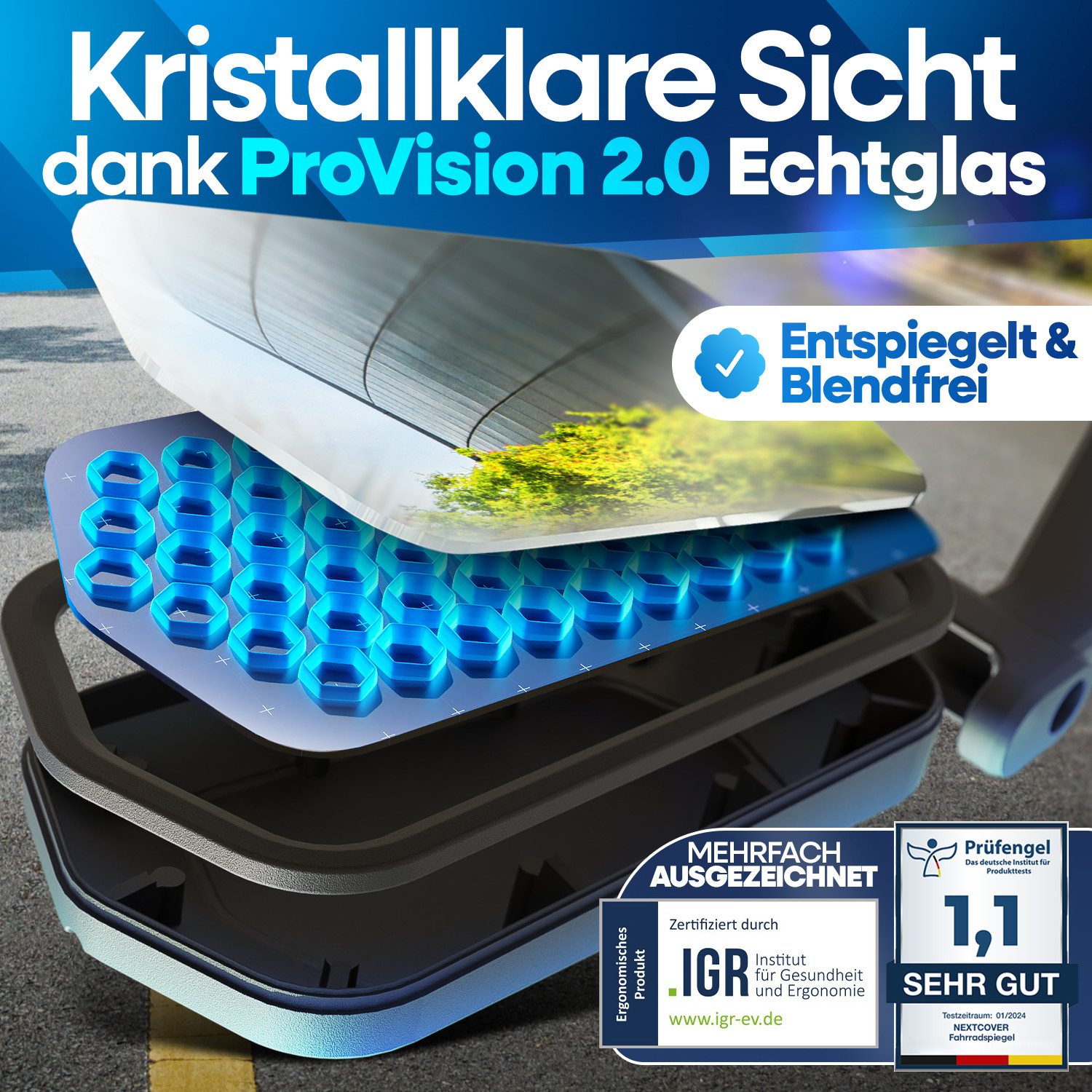 Nextcover Fahrradspiegel NEXTCOVER® Fahrradspiegel für Lenker mit ProVision-Echtglas