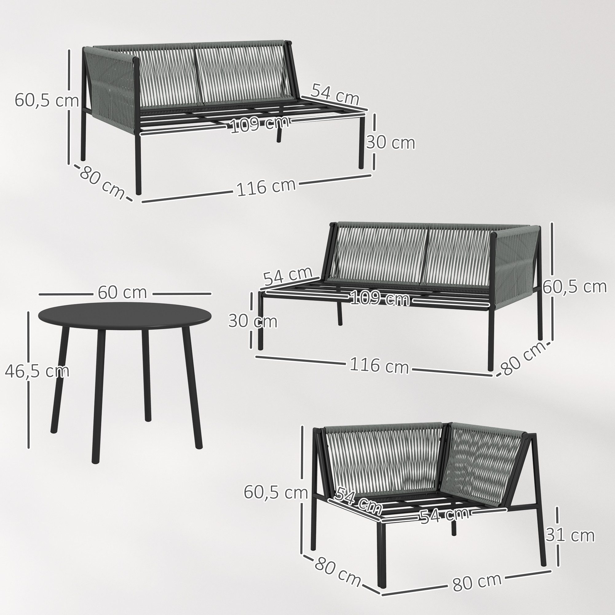 Outsunny Sitzgruppe mit Ecksofa, Tisch, Kissen, (4 teiliges Lounge-Set, 4-tlg., Gartenmöbel Set aus Polyrattan), für 6 Personen, für Garten, Balkon, Dunkelgrau