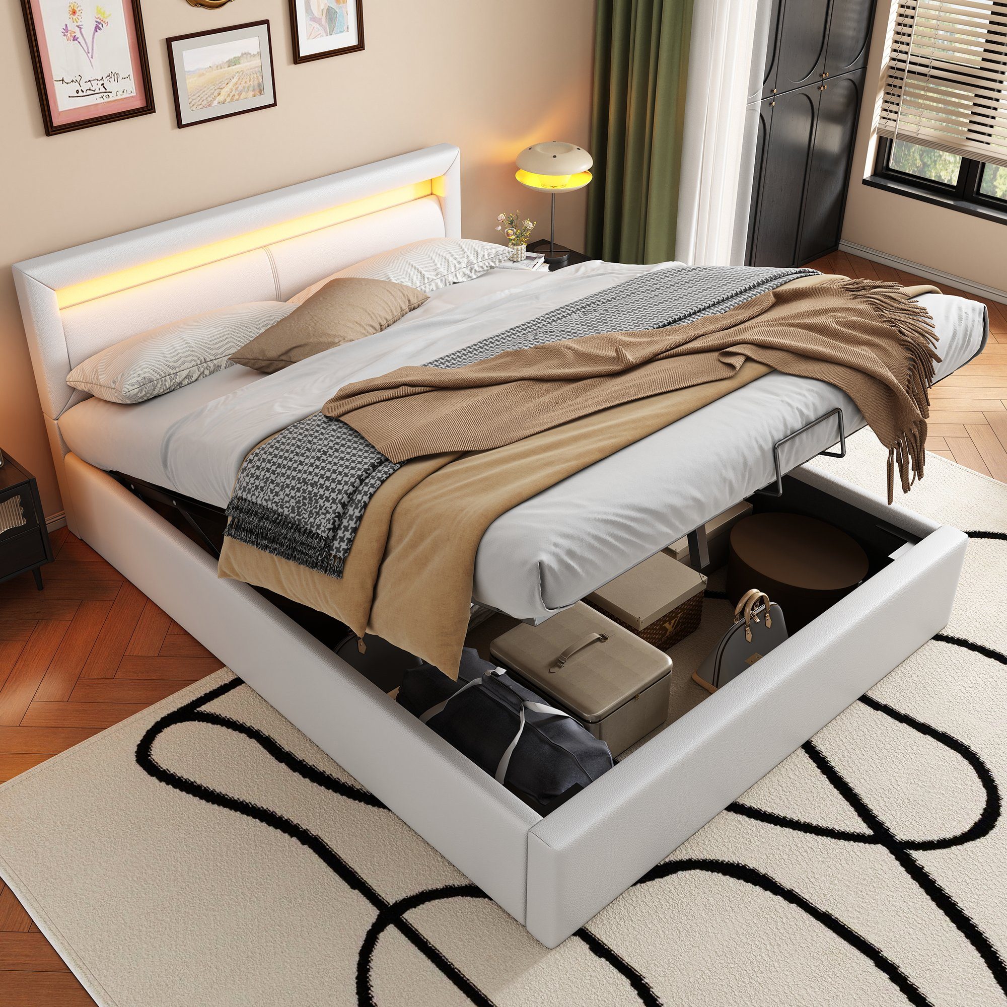 REDOM Polsterbett 140*200cm LED-Bett,mit Lattenrost und Stauraum, mit beleuchtetem, mit beleuchtetem Kopfteil in diversen Farben