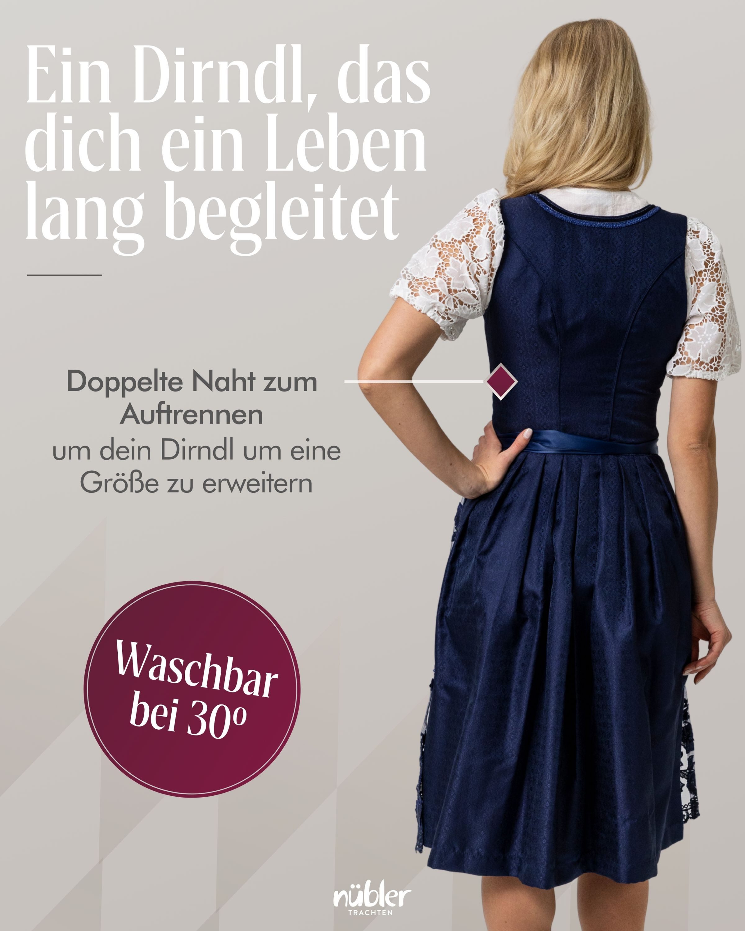 Nübler Trachtenkleid Dirndl midi Gloria in Blau von Nübler - Rocklänge 60 cm