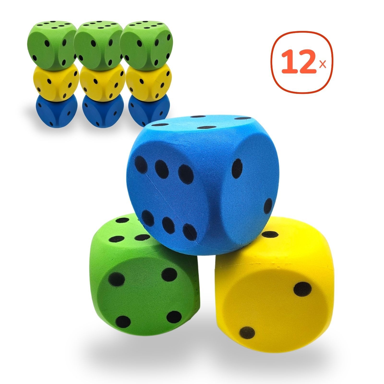 Softball XXL Schaumstoffwürfel 12er Set, 15cm, für Kinder, in gelb, grün & blau