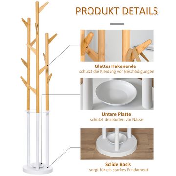 HOMCOM Garderobenständer Garderobenständer, (Set, 1 St., Kleiderständer), mit 12 Haken Flur Metall Bambus Natur Weiß