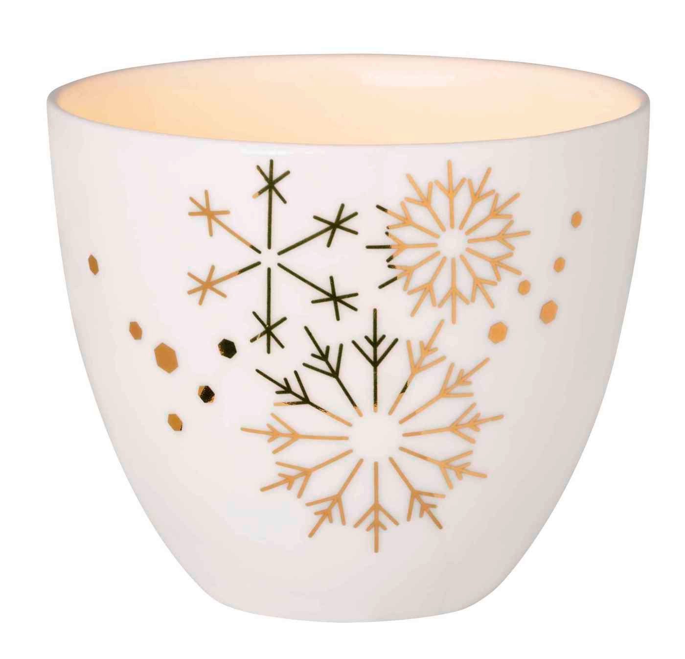 Porzellanlicht Porzellan Schneeflocken gold H6,5cm Teelichthalter Design Gold Räder weiß
