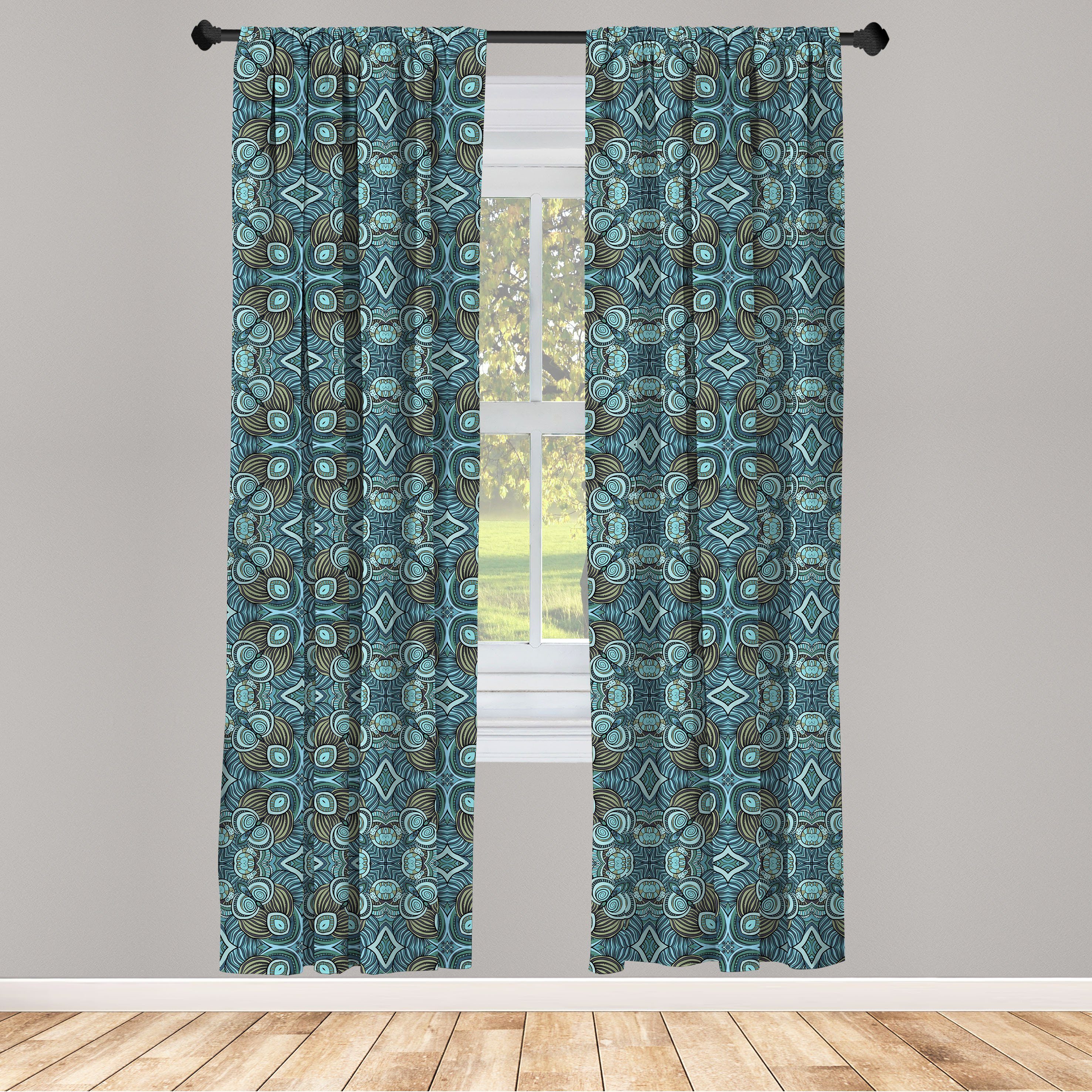 Gardine Vorhang für Wohnzimmer Schlafzimmer Dekor, Abakuhaus, Microfaser, Ethnisch Aqua Color Palette Hippie