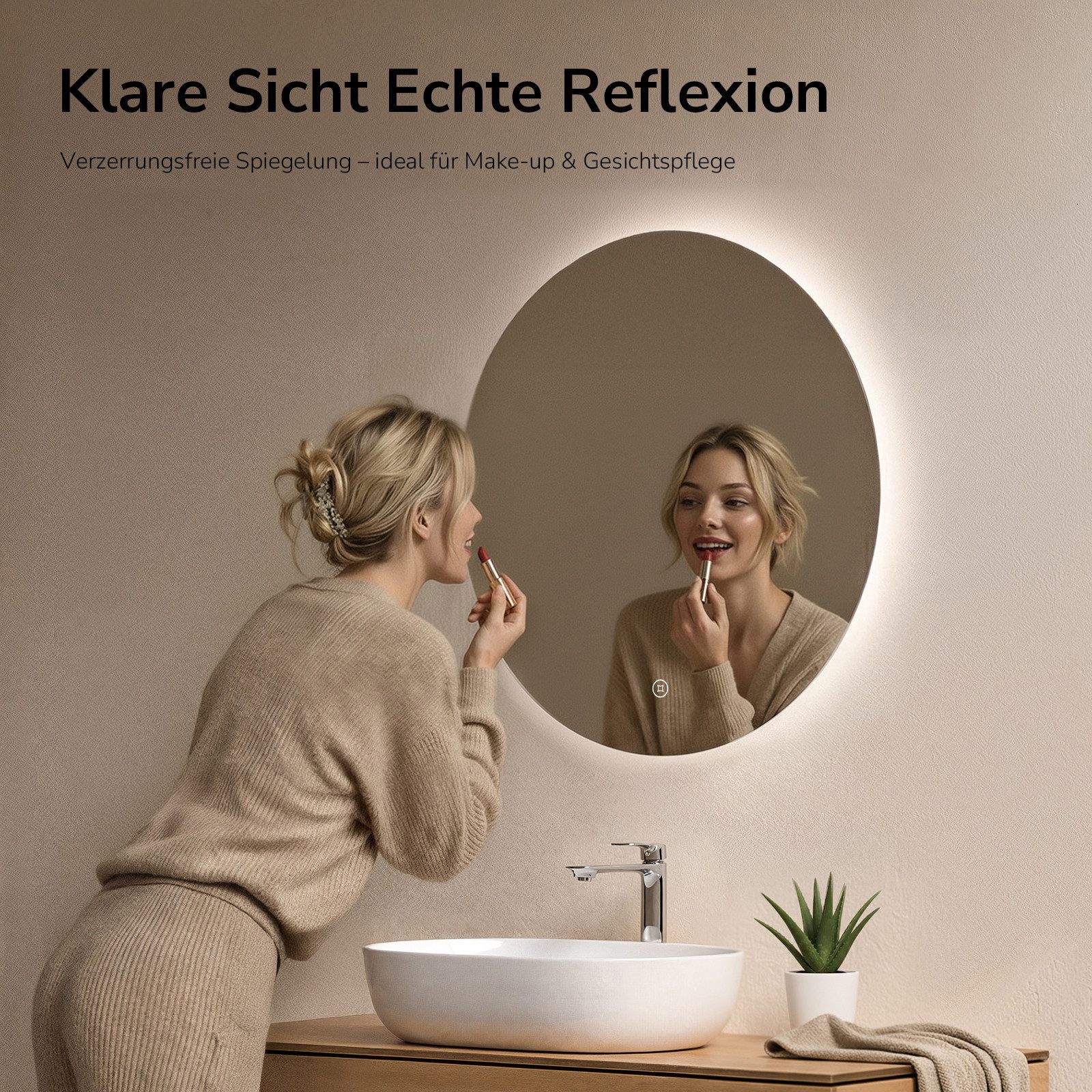 EMKE LED-Lichtspiegel Badspiegel rund, rahmenlos, Touch-Steuerung, dimmbar, Memory-Funktion (50–80 cm, Touchschalter), 6500 K, indirekte Beleuchtung, IP44, Ø 50 – Bild 5 von 5