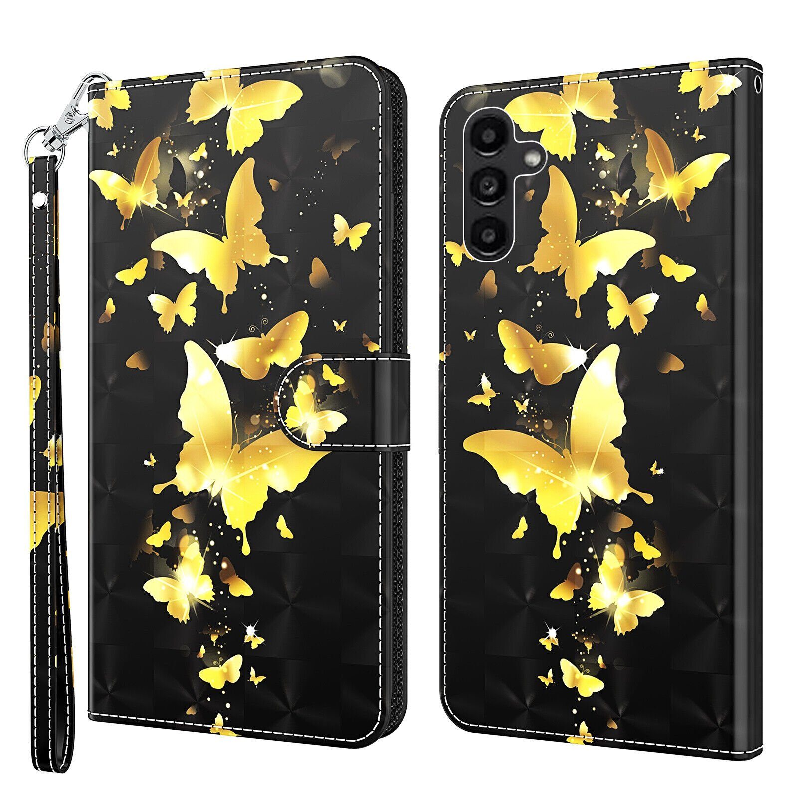 CLM-Tech Handytasche Hülle für Samsung Galaxy A14 5G Tasche aus Kunstleder Klapphülle (Schmetterlinge gold schwarz, Handyhülle Wallet Flip Case Cover Etui), Standfunktion, Kartenfächer, Magnetverschluss