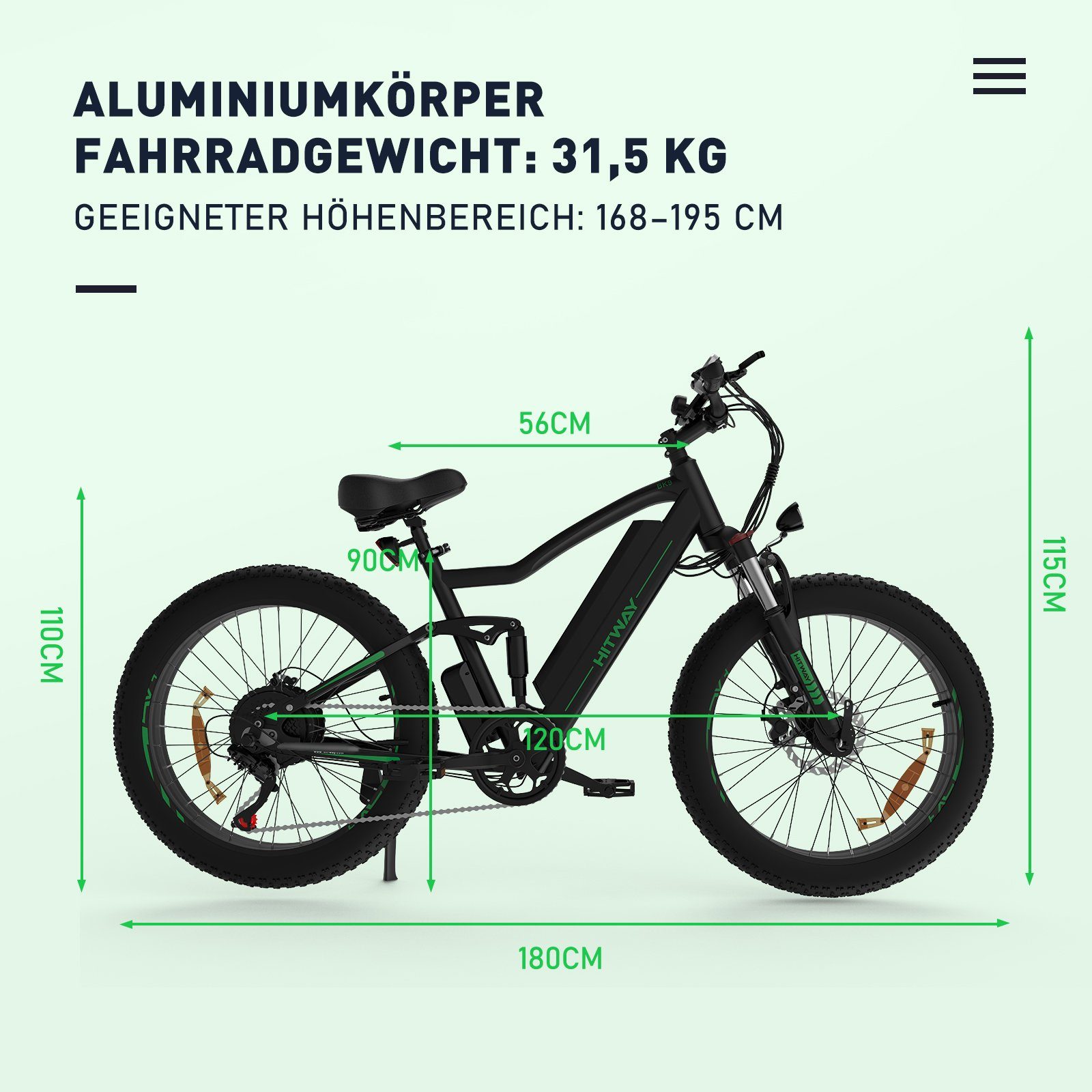 26*4,0 7 Zoll Luftbereifung 4.0 (Kommt Gang 26 48V 48V Sitz), Heckmotor, SHIMANO, Ladegerät, HITWAY MTB 15Ah Pumpe, E-Bike Mountainbike, mit 15Ah MTB Zoll STVZO-konform Elektrofahrrad