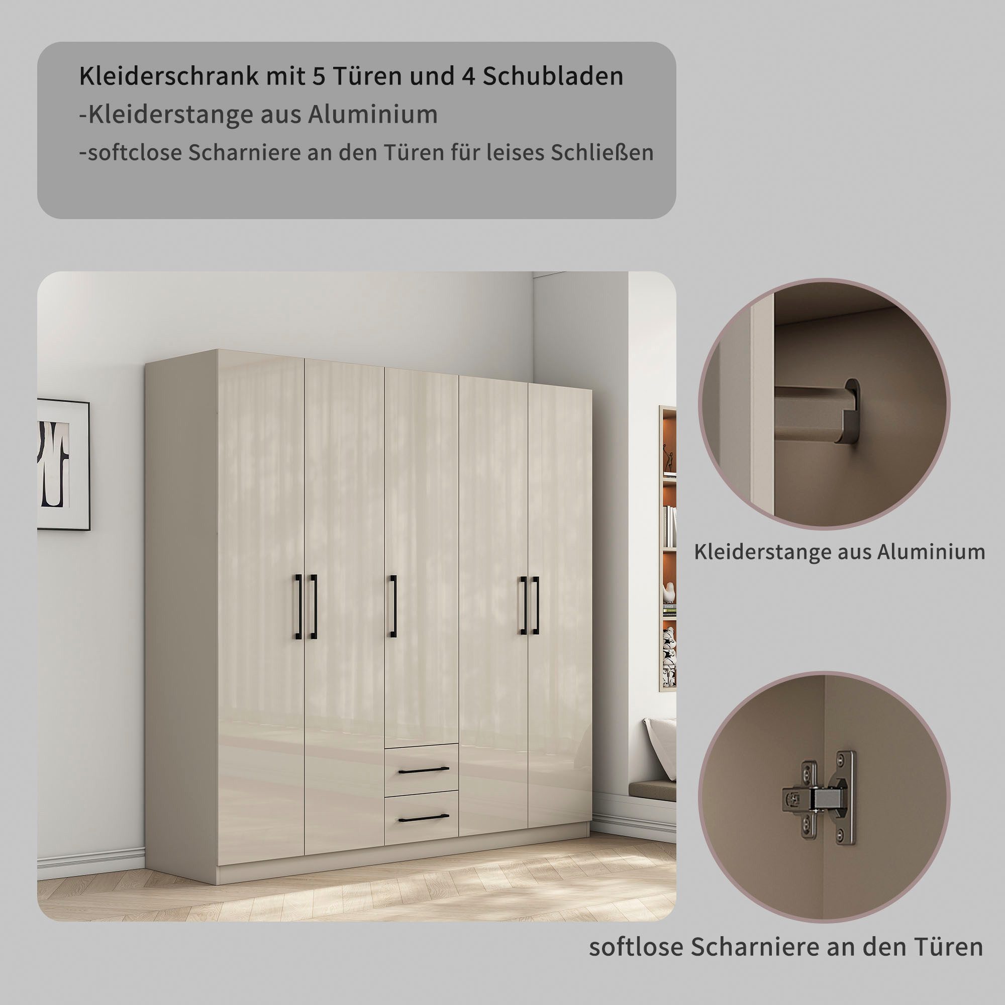 OTTO home Kleiderschrank Sylt Schlafzimmerschrank Garderobe Schrank in hochglanz weiß (5 Türen, 2 Schubladen, schwarze moderne Griffe, 7 Einlegeböden) Drehtürenschrank mit perfekter Innenausstattung, Breite 200cm