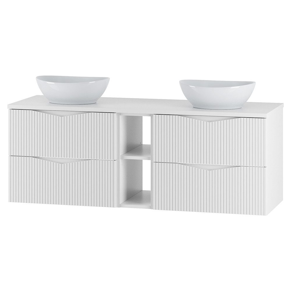 Lomadox Doppelwaschtisch CALURI-140, 140 cm breit in weiß, gerillte Front, wandhängend, 4 Schubladen
