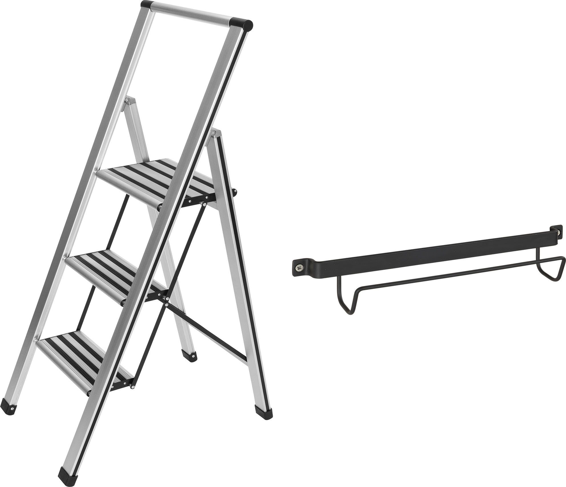WENKO Trittleiter Modell Alu-Design (2-St), stabile Klapptritt Leiter, rutschsicher, bis 150 kg, mit Leiternhalter