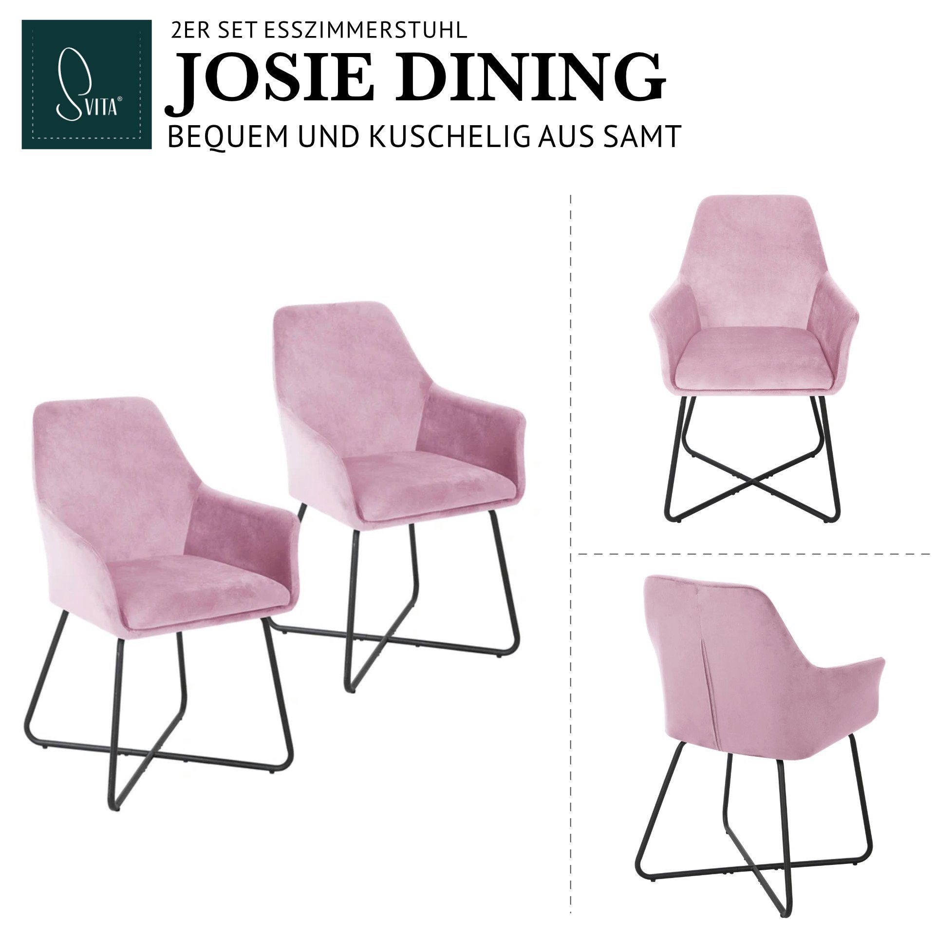 SVITA Esszimmersessel JOSIE DINING (Set, 2-St., Sessel), Esszimmerstühle, gepolstert, mit Armlehnen, Samtbezug, Rosa