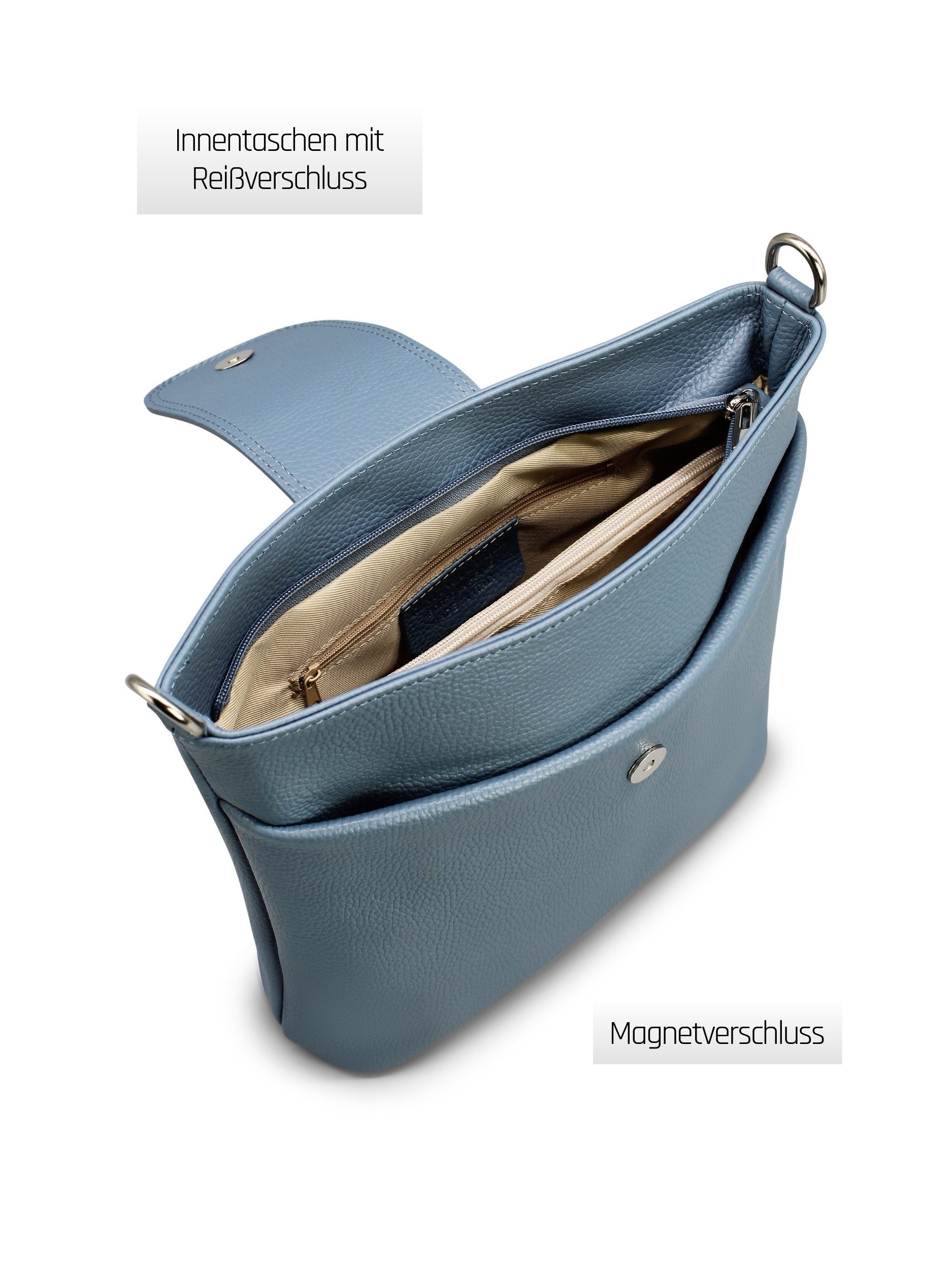 Adel Bags Schultertasche SARA Umhängetasche für Damen, Schultertasche aus Echtleder (Test SEHR GUT, Note 1.1), 20 Farboptionen, Hergestellt in Italien, mit 2 Riemen