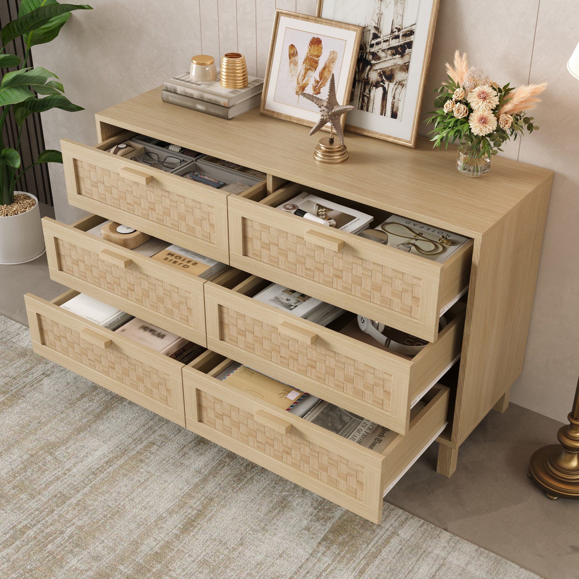 KLAM HOME Sideboard Elegantes Sideboard und Kommode aus Naturholz mit 6 Schubladen (Schlafzimmerschrank mit viel Stauraum, 120 ×75 ×40 cm), Schubladen in Rattanoptik, Schließfächer für Wohn- und Esszimmer