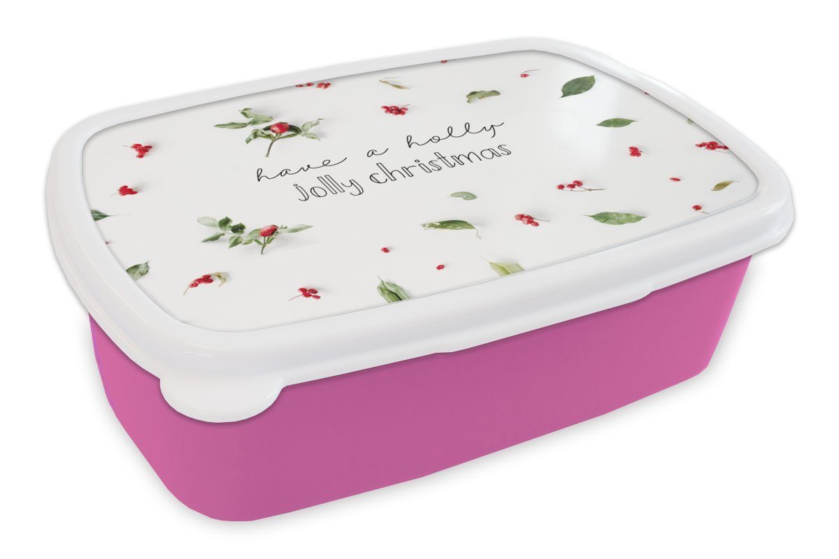 MuchoWow Lunchbox Winter - Zitat - Weihnachten - Mistelzweig, Kunststoff, (2-tlg), Brotbox für Erwachsene, Brotdose Kinder, Snackbox, Mädchen, Kunststoff rosa