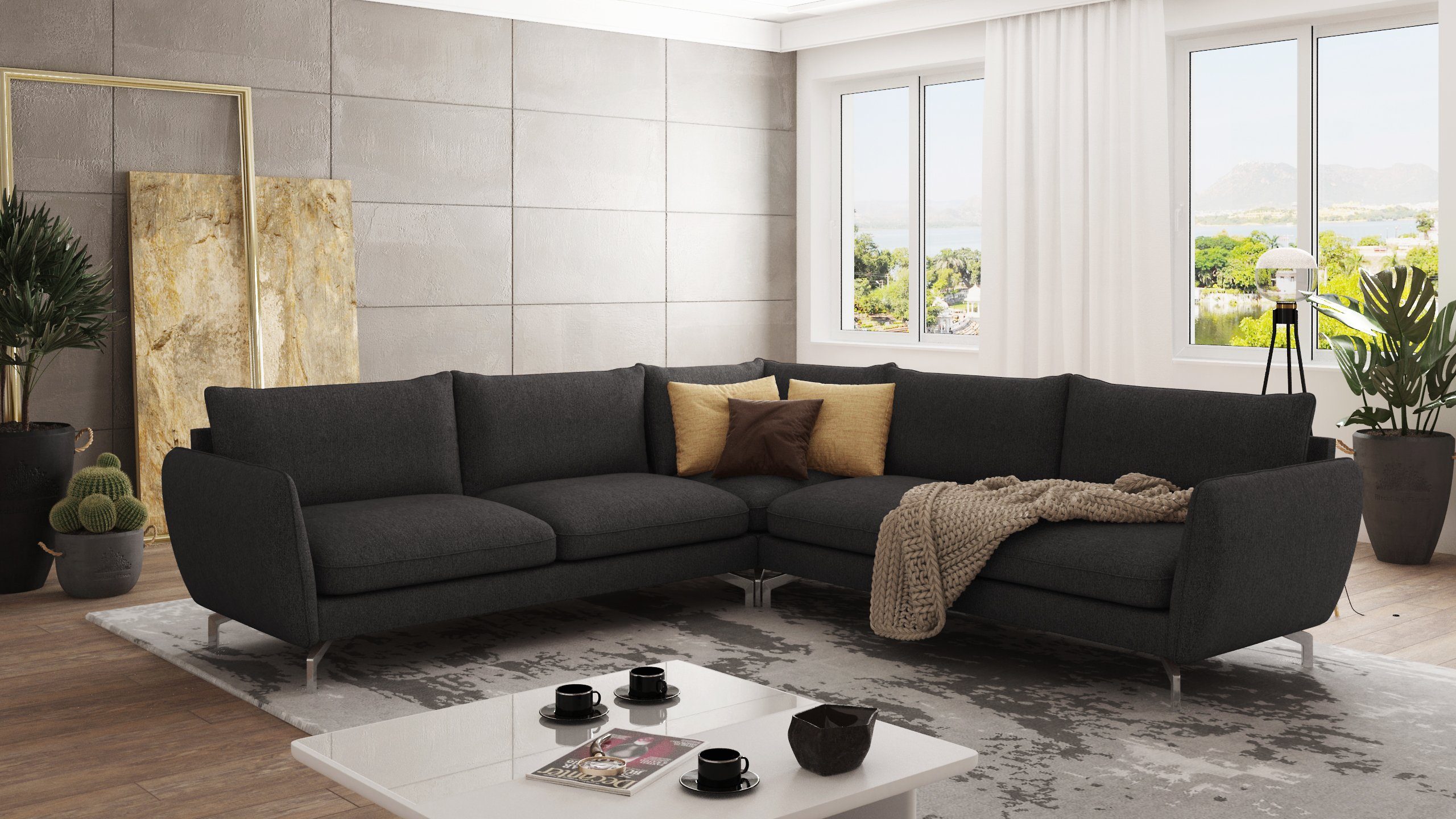 S-Style Möbel Ecksofa Modernes Benita mit Silber Metall Füßen, mane links oder rechts bestellbar, mit Wellenfederung Graphit