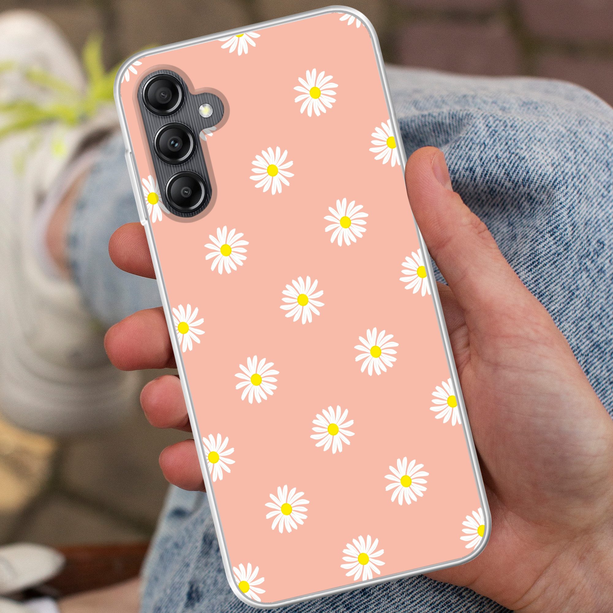 MuchoWow Handyhülle für Samsung Galaxy A14 5G Gänseblümchen - Pastell - Weiß - Rosa - Blum, Smartphone-Bumper, Print, Handy Schutzhülle Dünn