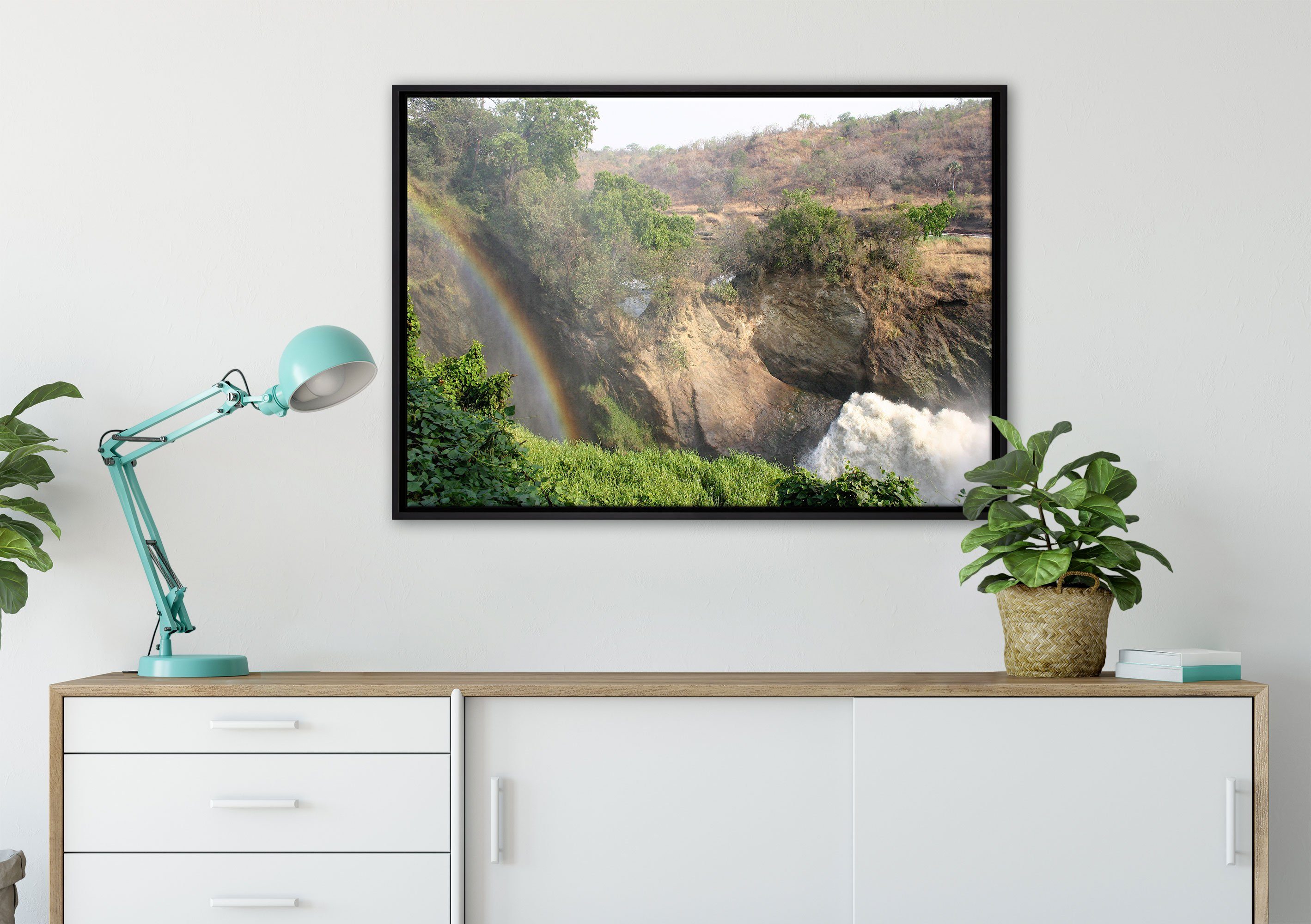 bespannt, Wasserfall, einem (1 Pixxprint Schattenfugen-Bilderrahmen inkl. Regenbogen Leinwandbild in St), Wanddekoration Leinwandbild über fertig Zackenaufhänger gefasst,