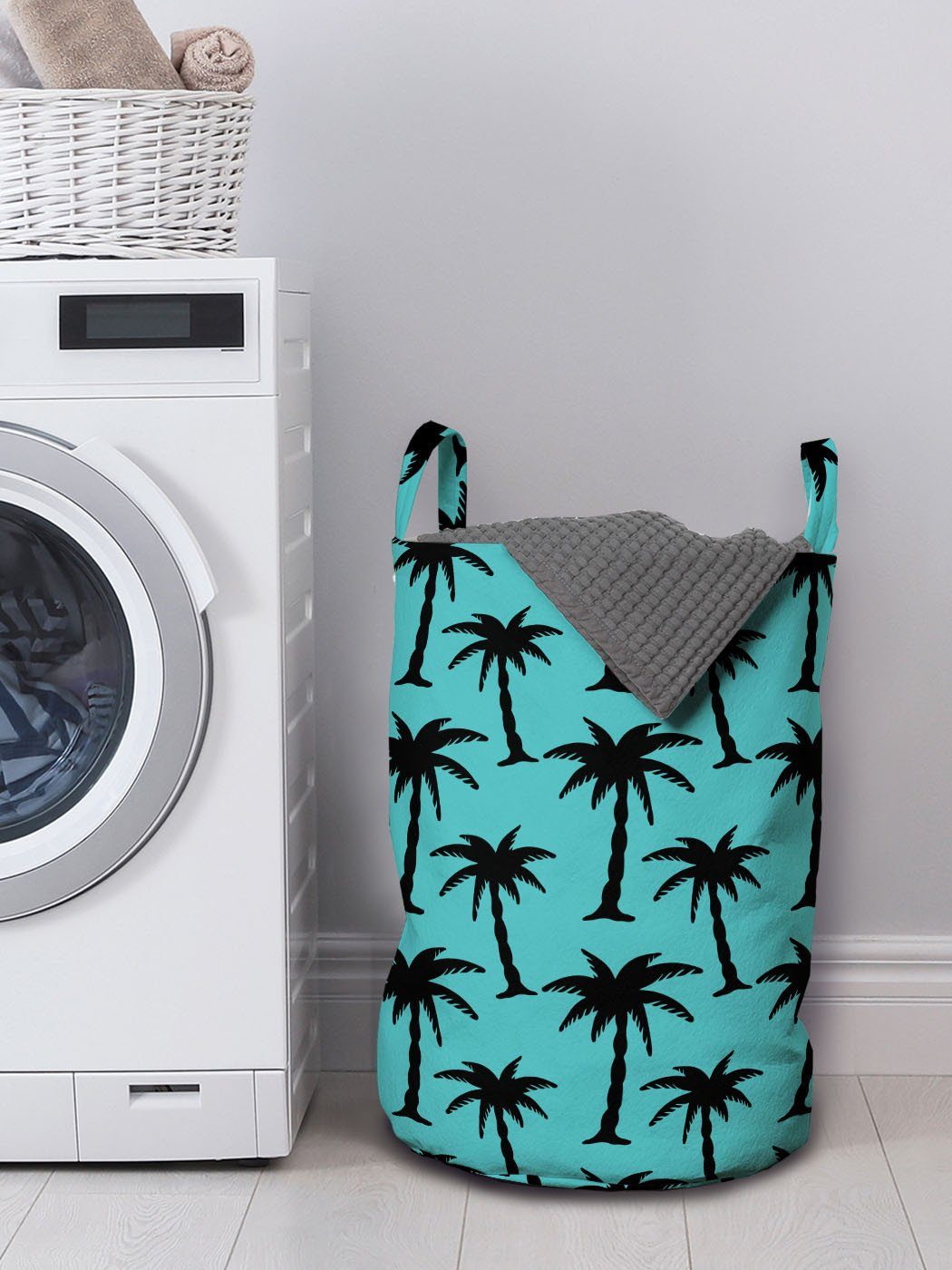 für Blau Wäschesäckchen auf Wäschekorb Griffen mit Palme Silhouetten Waschsalons, Kordelzugverschluss Abakuhaus